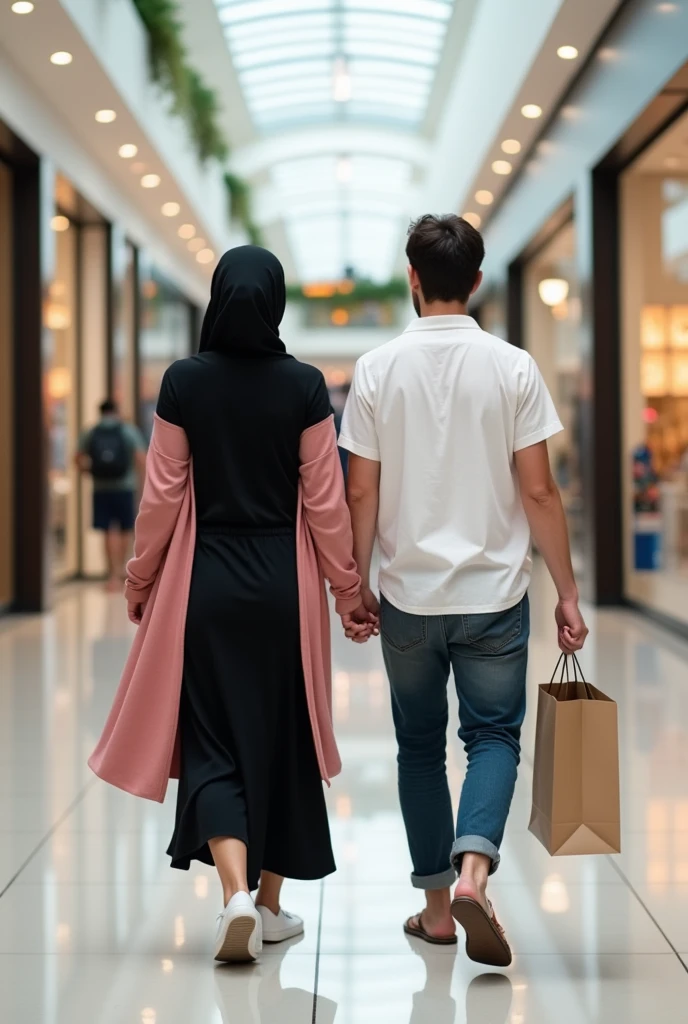 Make her holding shopping bags with a man from Arab