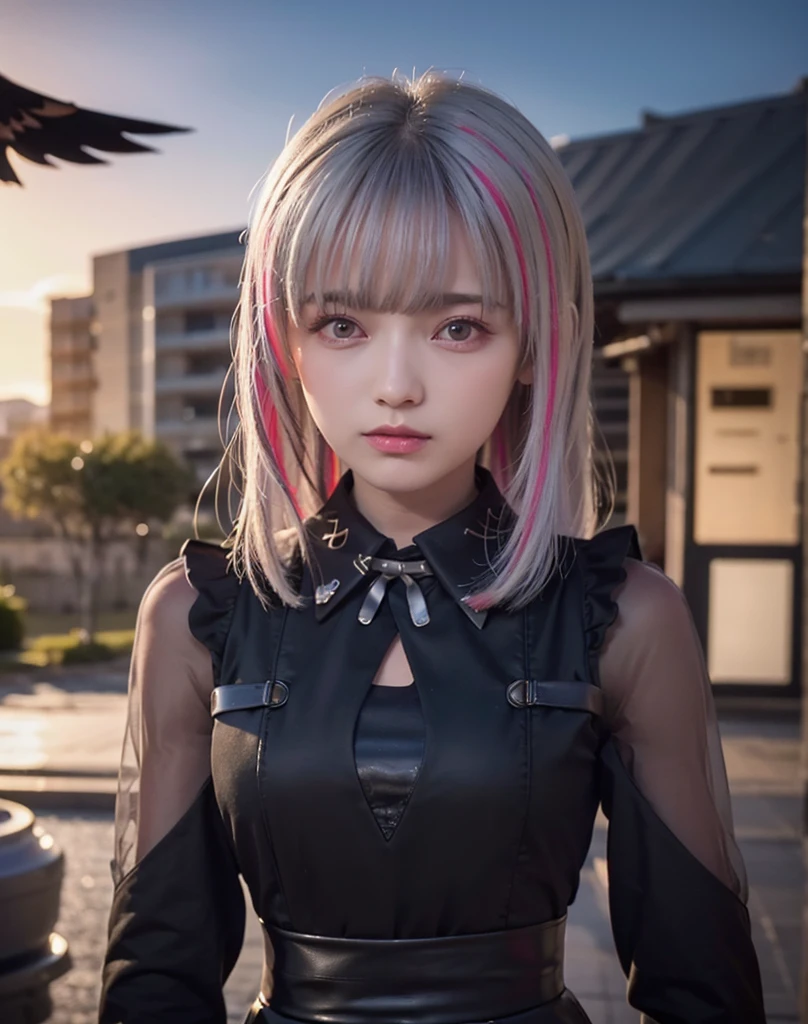 top-quality, 8k,  ultra-detailed , masutepiece, Best Quality, 超A high resolution, top-quality, aasena,  multicolored hair, hair ornament, head wings, beret,, black choker, black dress, clothing cutout, long sleeves、1人の女の子