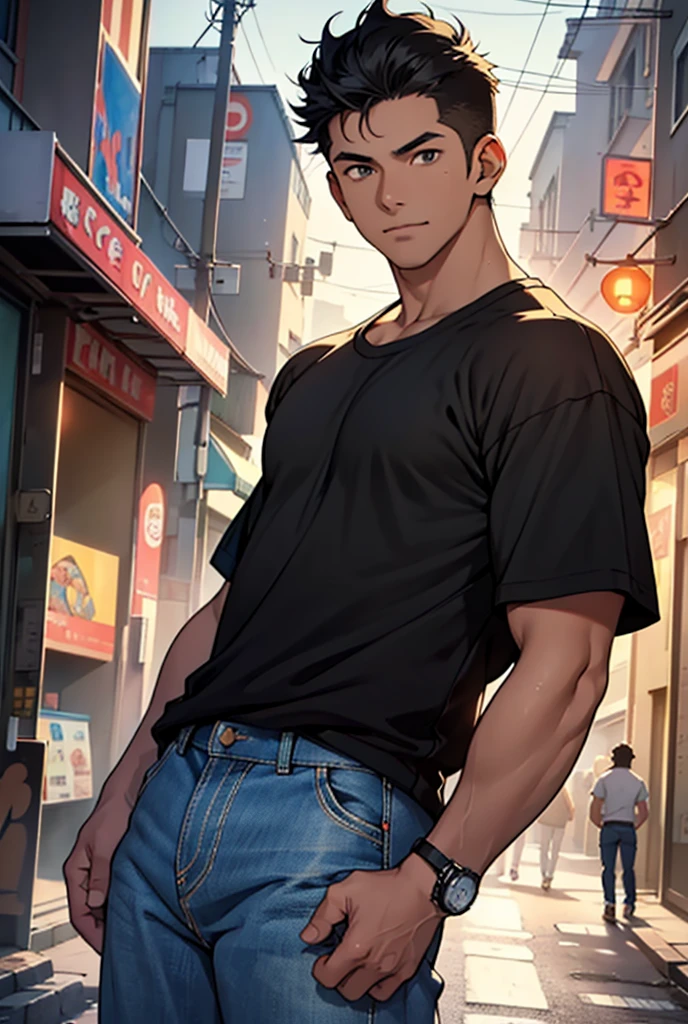 1man around 20 years old, black short hair, red eyes, cyberpunk, neon lights urban street, absurdres, masterpiece, (wearing cowboy jeans:1.3), barechested and shirtless, intricately sexy, he has a body that is thin but fit, gorgeous eyes, detailed face, outdoors, global illumination, subsurface scattering, neon lights coming from the cyberpunk inspired urban buildings