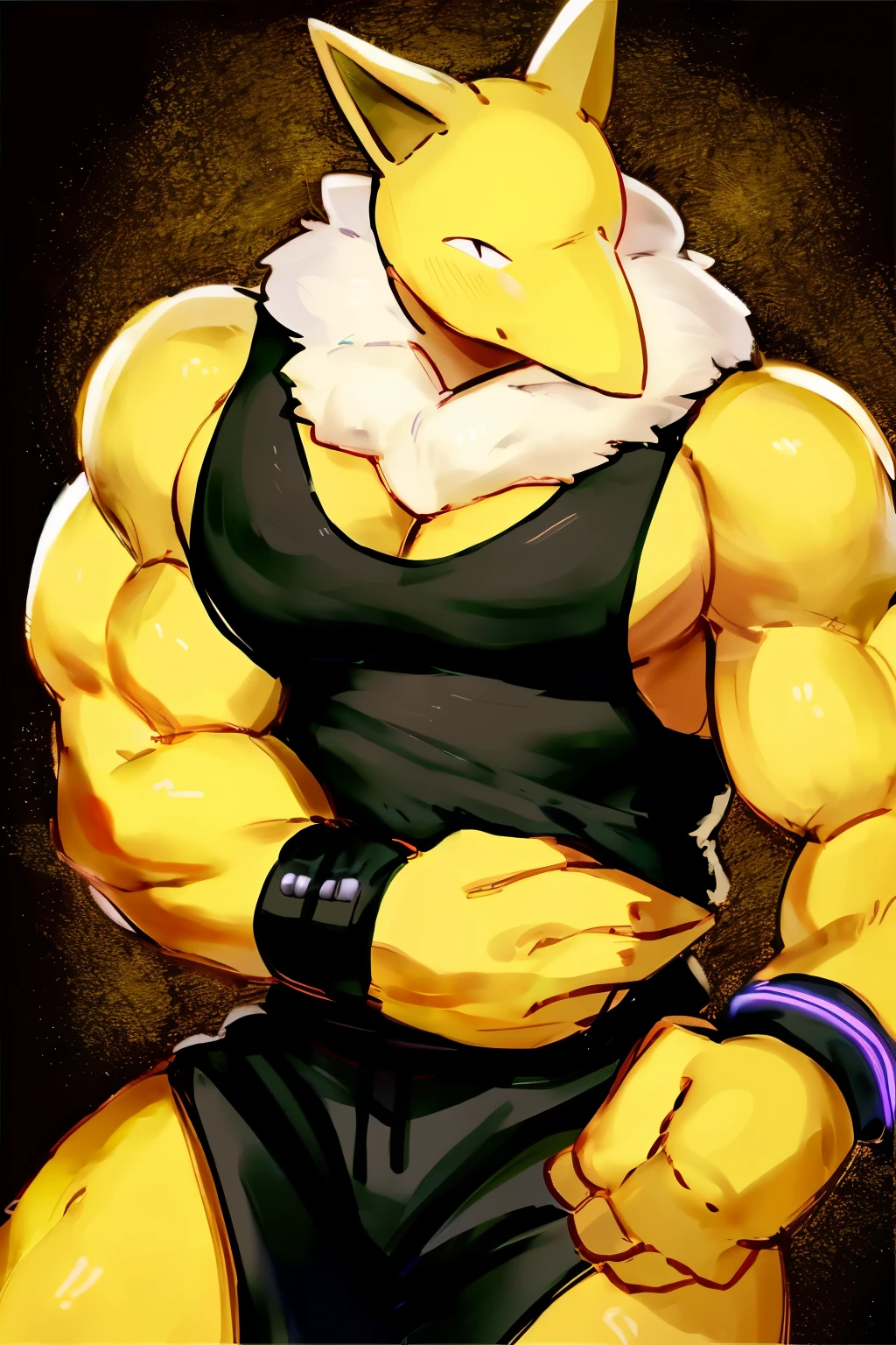 Furry, Anthro, solo, Hypno, Male, (((muscular body, massive male pectorals, yellow skin, fluffy neck, wearing white fur around neck, black tank-top, black sweatpants, black wrist bands, dynamic pose))), ((((biceps, wide-eyed, head tilted)))), (((((bulky torso))))), upper body, looking at viewer, black/yellow spraypainted background, by buta99, by zackary911, by bebebebebe, (((digital painting)))