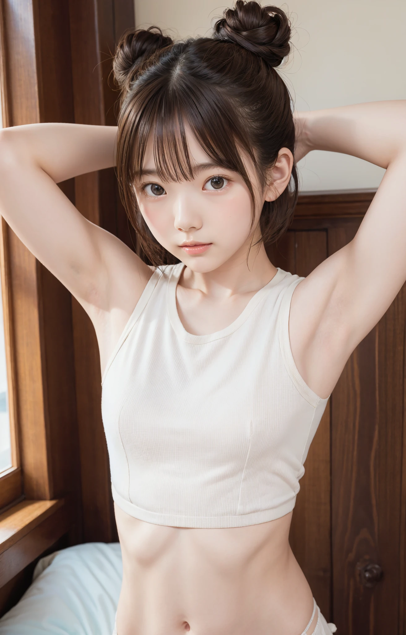  cute girl, bun hair , brown hair ,delicate,masterpiece,underarm,Thin arms, slender body 