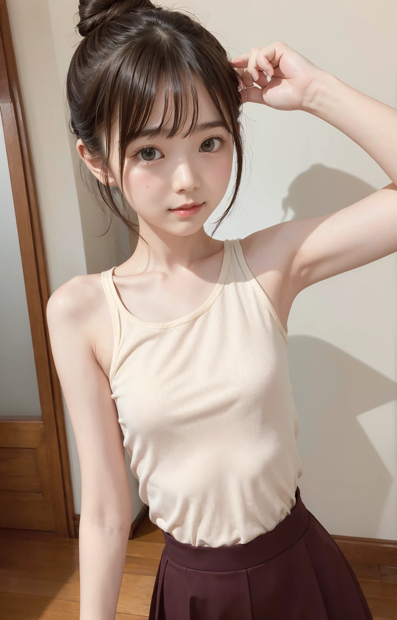  cute girl, bun hair , brown hair ,delicate,masterpiece,underarm,Thin arms, slender body 