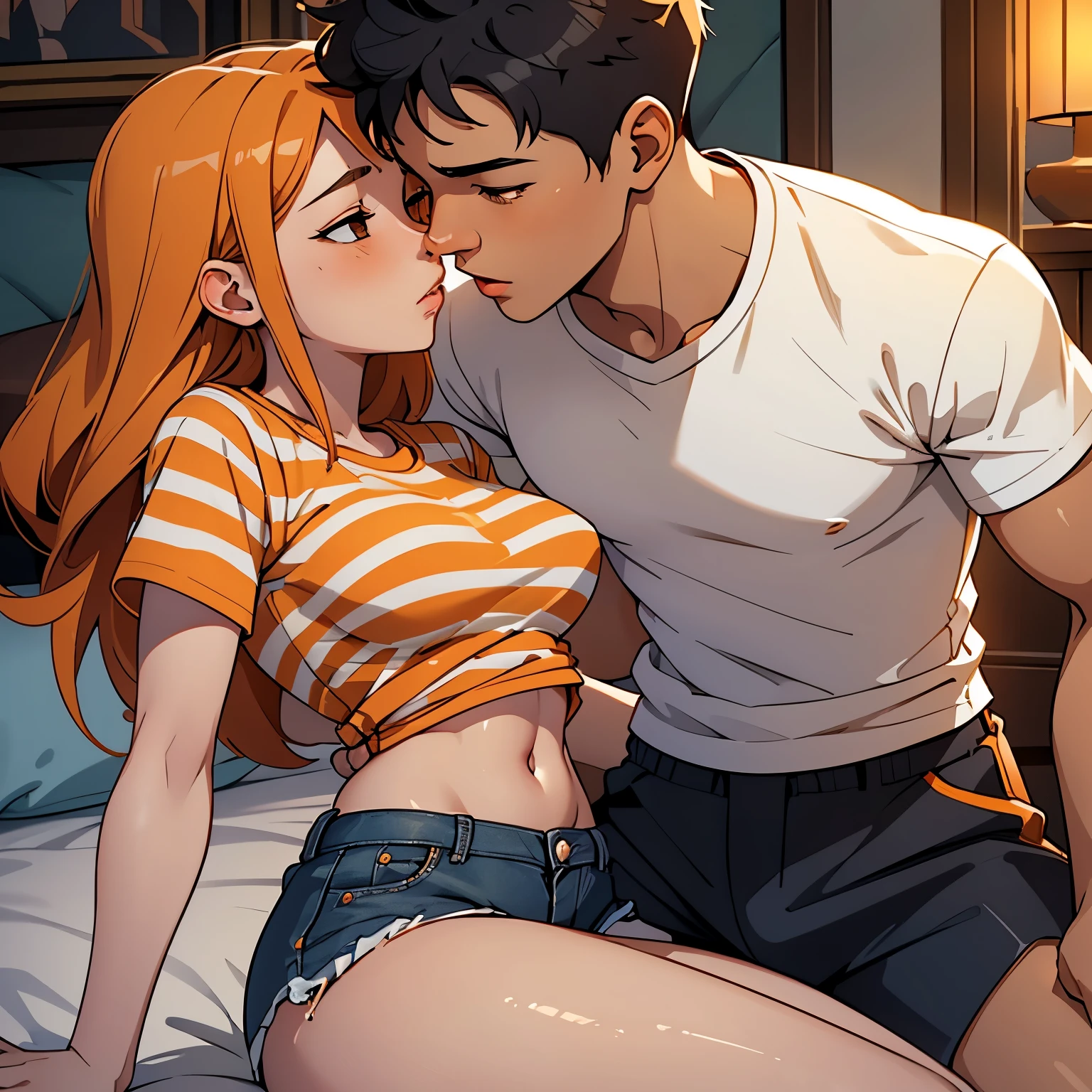 (Masterpiece, Best Quality, High Quality), from above professional artwork, well drawn, Intricate Details, from above, (((one boy and one girl looking at each other and after kiss))), Kousaka honoka, room, ultra detail hair, ultra detail face, perfect eyes, earring, blushing, embarrassed, bare chest, denim pants, heavy breathing , breast press, sweating, night,under moonlight ,(sweaty:1.2), (orgasming:1.3), the girl pinned on wall