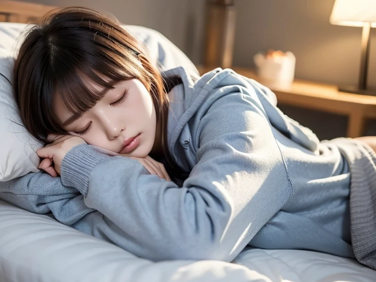 Beautiful woman falling asleep in bed、Wear a big knit hoodie、２０age、 long lashes、 closed eyes,  frowns,  with bangs、 bob hair、 high definition ,  Anatomically Correct ,  High Definition Model ,   inviting , Delicate atmosphere、Sleeping Position、 1 girl , Beautiful woman sleeping in a dark room、Sleep on a futon