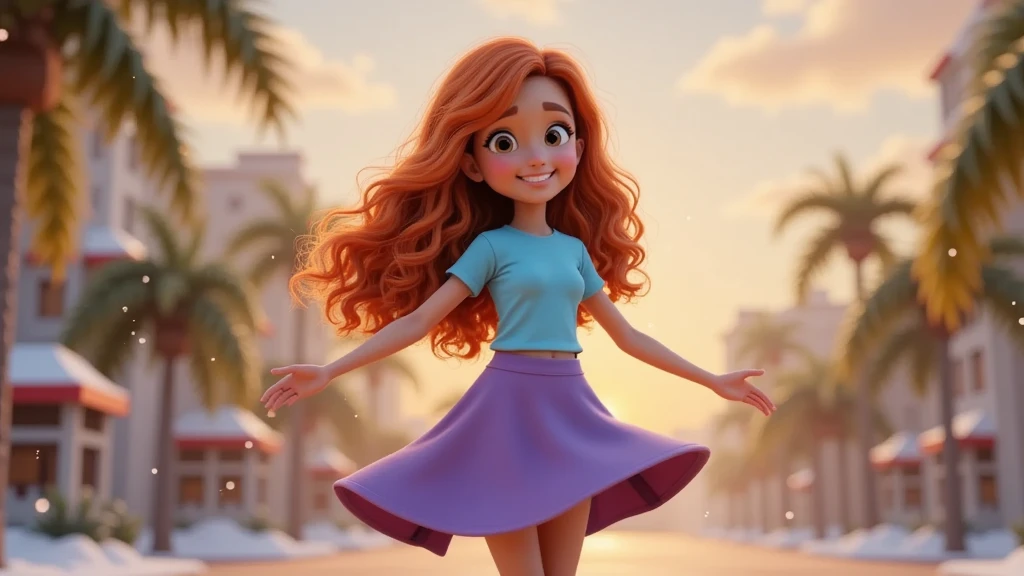 Style: Inspired by Disney-Pixar movies, in high quality and high resolution, 3D characters and  promotional posters.

Girl Characteristics: A girl named Ariela is dancing. Ariela is , with red hair, fair skin kissed by the sun and a happy, smiling expression. She is wearing a light blue t-shirt without prints and a short purple skirt. She is charming, captivating, and her smile wins everyone over. Her expression should be serene and dreamy, as if she were imagining something wonderful.

Visual Details: Each element of the scene should contain attention to detail, with vibrant colors, realistic textures and lighting effects that create a magical atmosphere.

Action: Ariela is spinning gently in circles, with her arms extended gracefully, as if she were dancing to the sound of a Christmas song. Her movements are light and fluid, conveying the lightness of a happy 's dance. Visual Effect: Small snowflakes slowly fall around you, sparkling like crystals under the soft golden light of the sunset, creating a magical and cozy atmosphere.