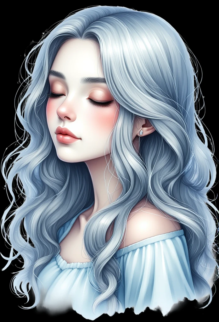 The image is a digital artwork featuring a serene, ethereal portrait of a woman. She is depicted in a wintry scene, with a soft, dreamy atmosphere. She has long, flowing, silver hair cascading down her back, styled in gentle waves. Her eyes are closed, and her face is adorned with a peaceful, almost meditative expression. Her skin has a soft, glowing quality, with a subtle blush on her cheeks.