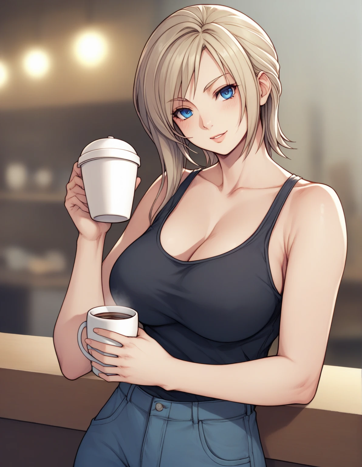 Aya Brea is 、video game characters、 She has short blond hair with side fringe at shoulder height.。 The character has blue eyes 、 She gives a sharp and focused look 。 masterpiece 、 high quality、 Highly detailed illustration 、strong lighting、COMPOSITION、Isometric 、 an adult woman 、 very large breasts、black top、tight black pants、attractive pose、 holding a cup of coffee ,  Exposed upper body 、NAKED FACE、Cale to Boca、 (8k:1.1)、