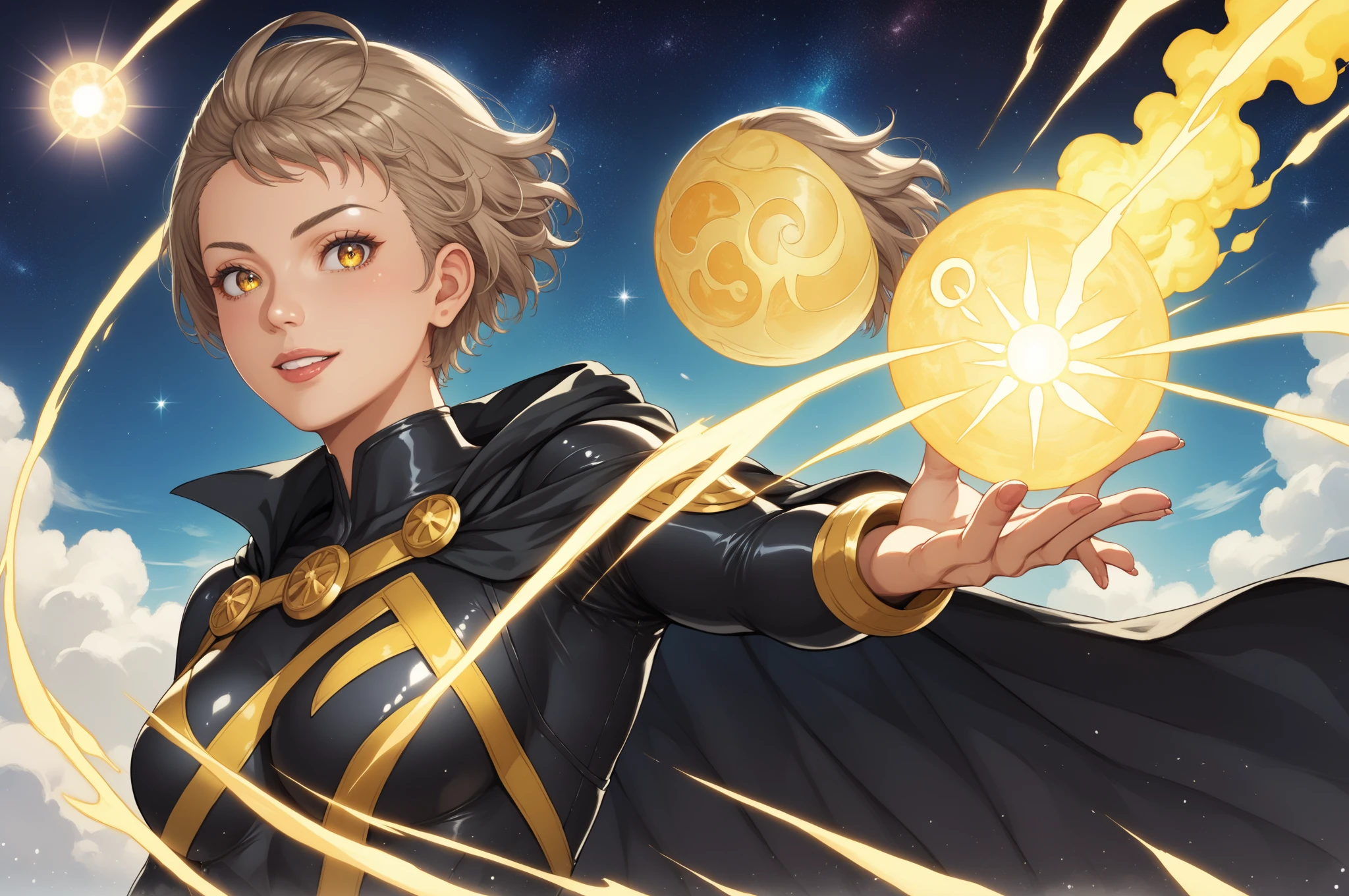 score_9, score_8_acima, score_7_acima, obra-prima, alta qualidade,  BREAK
Latina with light brown skin, long short hair, bodysuit, yellow and black suit, black cape. sun symbol, yellow aura, galaxy