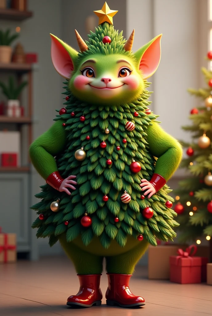 photorealistic portrait of fat chibi  green creature wearing Christmas tree costume,spirit of Christmas tree,(Art by Peter Mohrbacher:1.2),(Christmas theme),(cute),(happy smile:1.2), (elegant),(hands on hips:1.5), high quality,(lovely) ,(highly detailed Christmas tree costume:1.5),Christmas motif accessories,(Christmas tree and ornaments in background:1.5) , little horns,( boots),(Christmas atmosphere), (happy),,(full body image:1.5),(Christmas  room background:1.5), ,score_9, score_8_up, score_7_up, score_6_up, score_5_up, score_4_up,(looking at the camera:1.5)