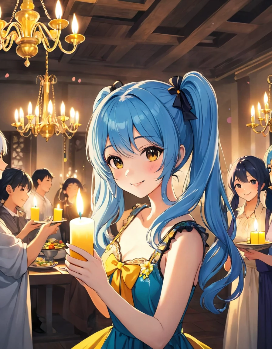   long light blue hair  、 Beautiful Girl with Twin Tails   、 colorful dress 、Bright candle party venue 、 chandelier、 I am smiling around the candles with lots of friends、 Delicious Meals 、Playing music