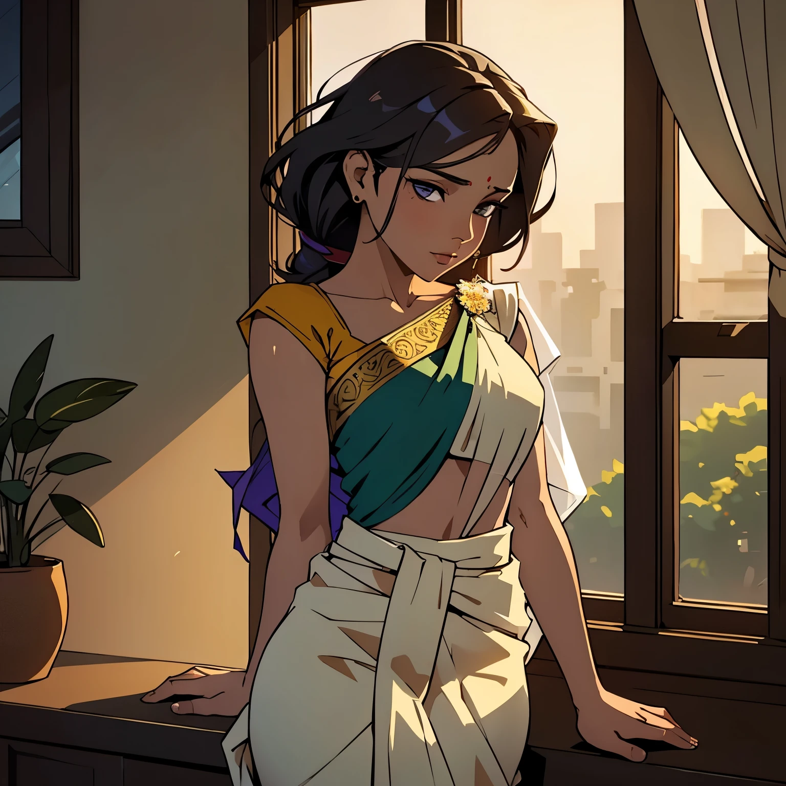 Sexy woman who is wearing a backless blouse and a saree and hair tied in a bun, her big breast, tiny room, light room, one lamp, sweaty, pleasure