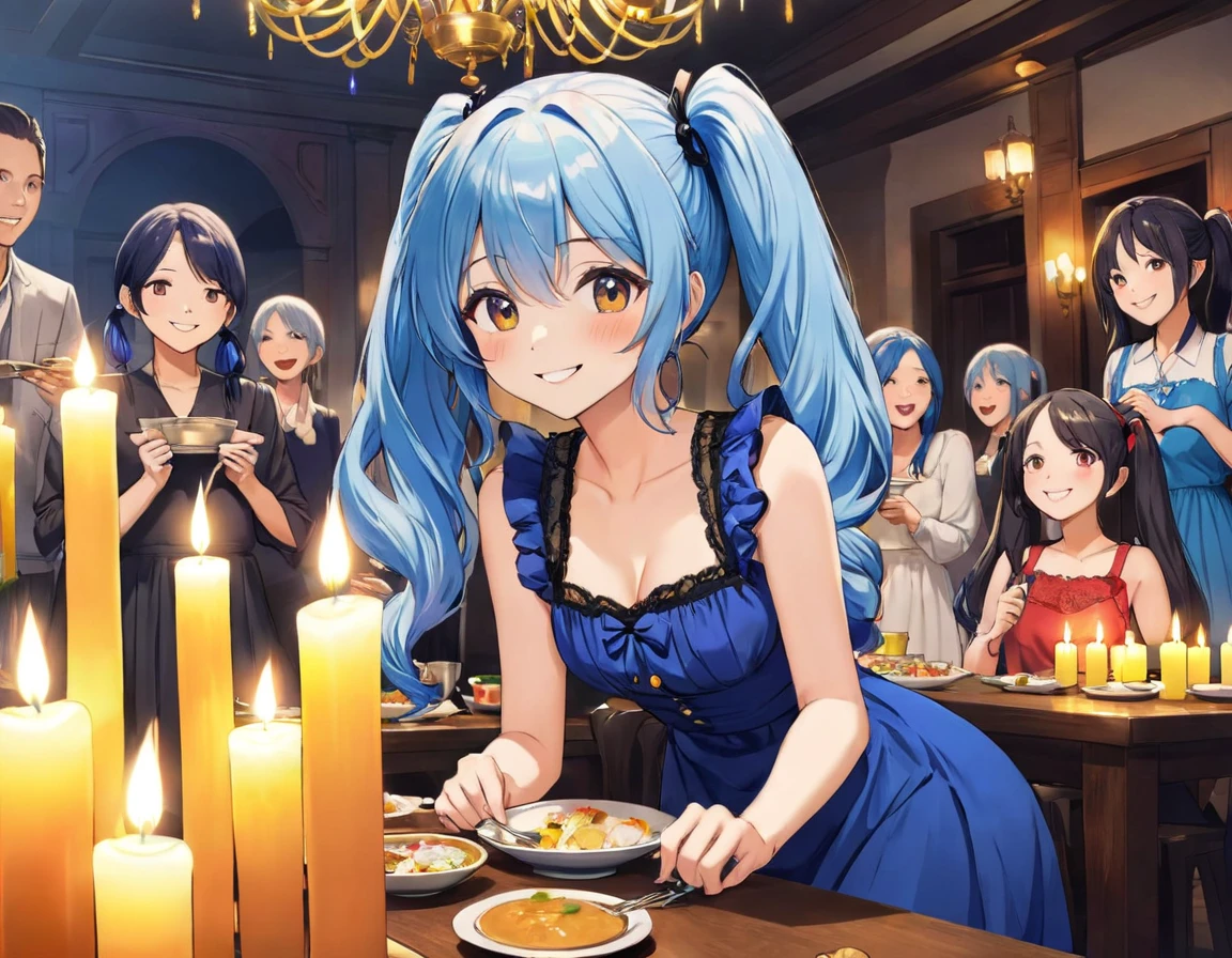   long light blue hair  、 Beautiful Girl with Twin Tails   、 colorful dress 、Bright candle party venue 、 chandelier、 I am smiling around the candles with lots of friends、 Delicious Meals 、Playing music