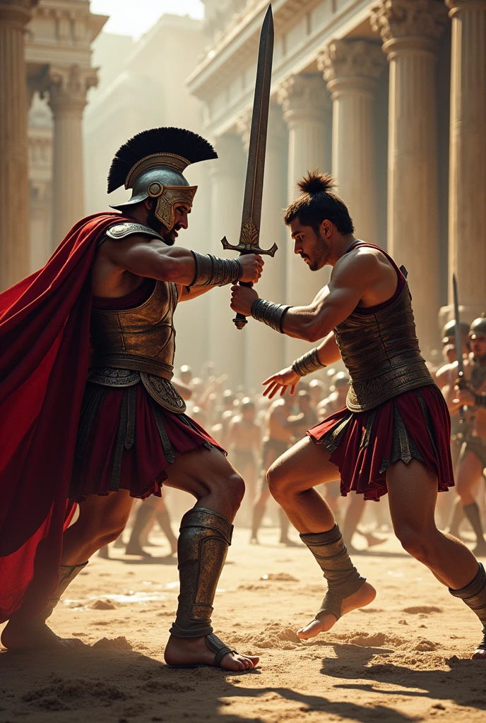 "(best quality, highres, masterpiece:1.2), realistic, vibrant colors, dramatic lighting, 2 spartan warriors engaged in combat on a chaotic battlefield, helmets shining in the sun, determined expressions on their faces, weapons clashing, dust and debris flying, epic battle scene, intense and energetic, inspired by the movie 300 style, ancient Greek setting"