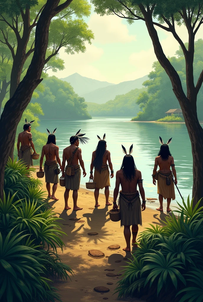 Different indigenous peoples exchanging and communicating with each other in pre-Hispanic times, comic style