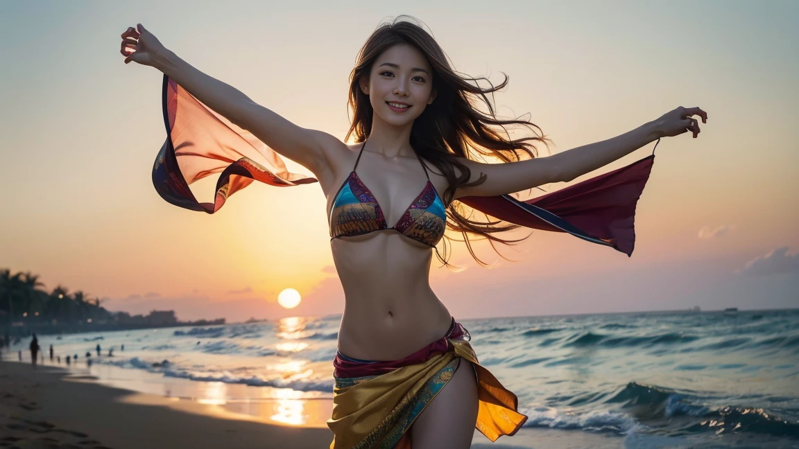 best quality, masterpiece, ultra high res, very beautiful, kawaii, (photo realistic:1.4), 1girl, Japanese, standing, cowboy shot, sexy,  slender waist , dancing, spinning motion, hair flowing, cheerful smile, looking at viewer, long wavy hair, light brown hair, wearing bikini top, sarong skirt, barefoot, sunset beach, waves, golden hour, cinematic,  35 mm lens, f/1.8, warm lighting, 8k、With open arms