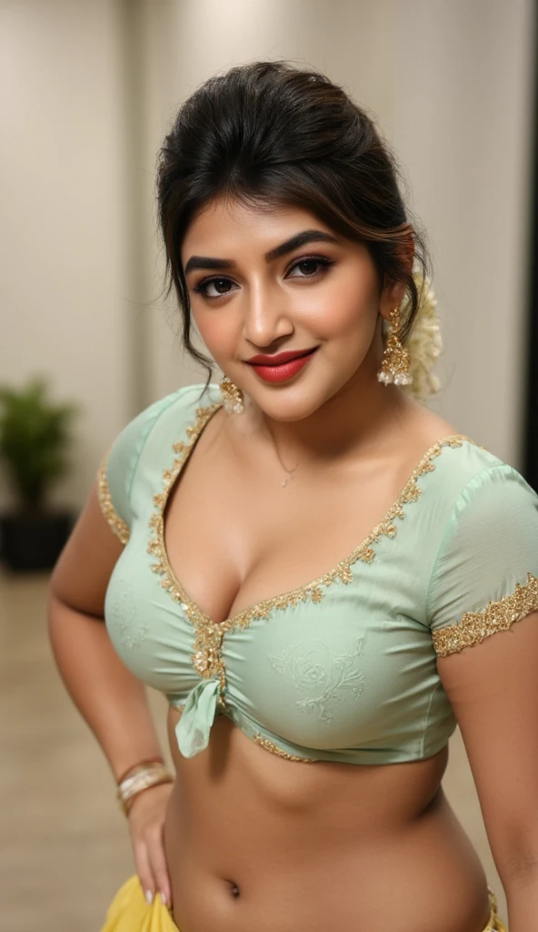 Full size photo of sexy sreeleela , top view, curvy, hourglass figure, swooping breasts, deep cleavage,traditional blouse , sexy navel, subtle smile, seductive pose, erotic pose, (( hair)), necklace, earrings, red lips, nose ring, bright light photoshoot model,