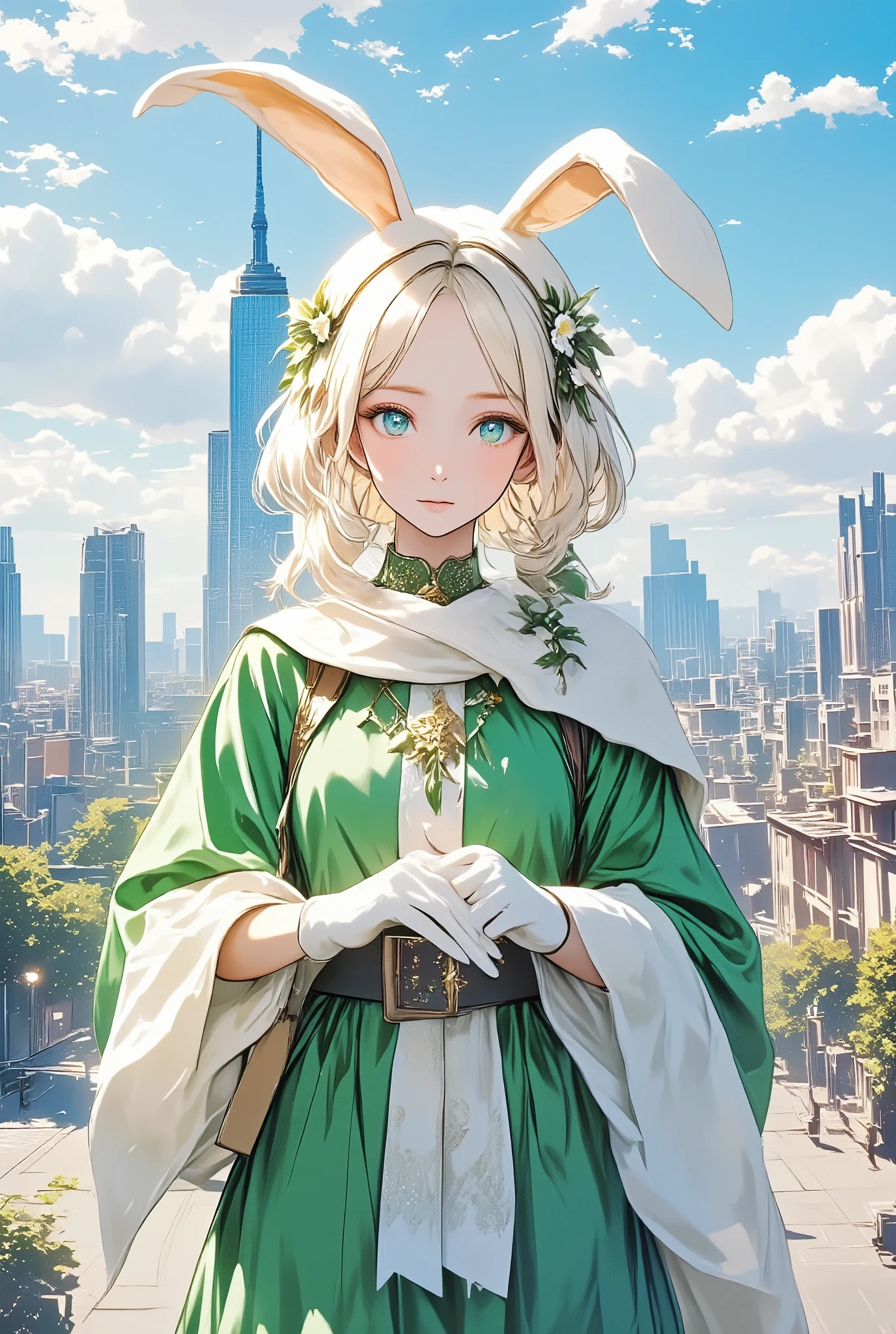 City, mezzo forte, echo, Physical, Science, architecture, Apple Pie Scent, A lady with bunny ears is dressed like Santa Claus, Aroma, ultramarine blue illustration, beautiful lady, time travel, brilliant illustration, billiard green illustration, Illustration with spray green as the main color, Vanilla scent, emerald green illustration, cute illustration, switch, swing, wisdom