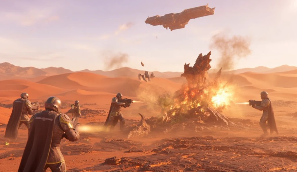 Helldivers squad shooting in the desert