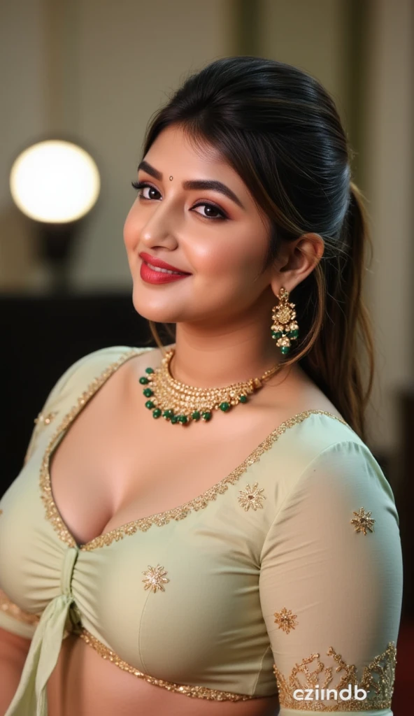 Full size photo of sexy sreeleela , top view, curvy, hourglass figure, swooping breasts, deep cleavage,traditional blouse , sexy navel, subtle smile, seductive pose, erotic pose, (( hair)), necklace, earrings, red lips, nose ring, bright light photoshoot model,