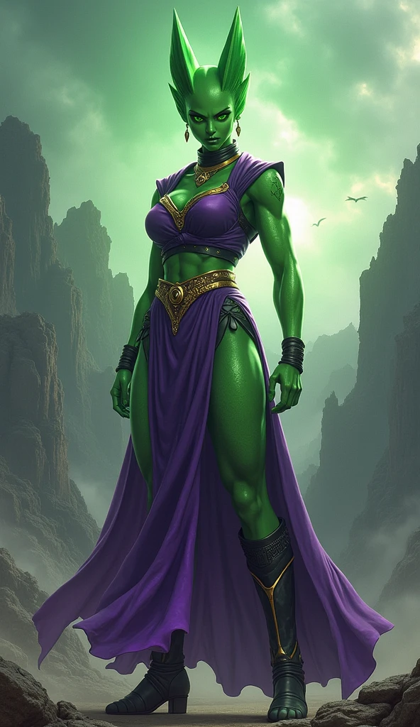 masters of the universe. a (((greenskinned))) female warrior, She has dark black colored hair and wears (black accented in silver), silver tiara, long black boots. (detailed face, detailed eyes) (best quality,4k,8k,highres,masterpiece, colorful, vibrant colors:1.2) , long eyelashes, ((detailed lips)), narrow eyes, lavender colored eyes. Good hands, detailed hands. Eternia background. She stands firmly on the ground a wide stance, ready to fight. dynamic exaggerated poses.