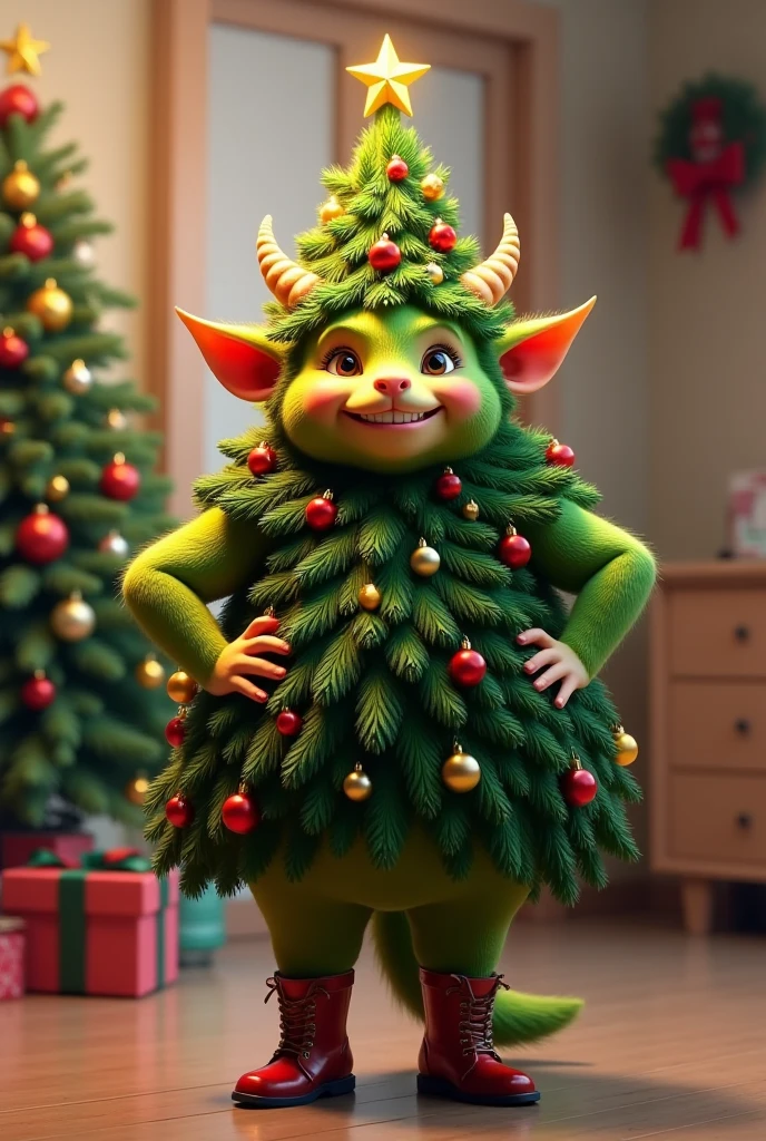 photorealistic portrait of fat chibi  green creature wearing Christmas tree costume,spirit of Christmas tree,(Art by Peter Mohrbacher:1.2),(Christmas theme),(cute),(happy smile:1.2), (elegant),(hands on hips:1.5), high quality,(lovely) ,(highly detailed Christmas tree costume:1.5),Christmas motif accessories,(Christmas tree and ornaments in background:1.5) , little horns,( boots),(Christmas atmosphere), (happy),,(full body image:1.5),(Christmas  room background:1.5), ,score_9, score_8_up, score_7_up, score_6_up, score_5_up, score_4_up,(looking at the camera:1.5)