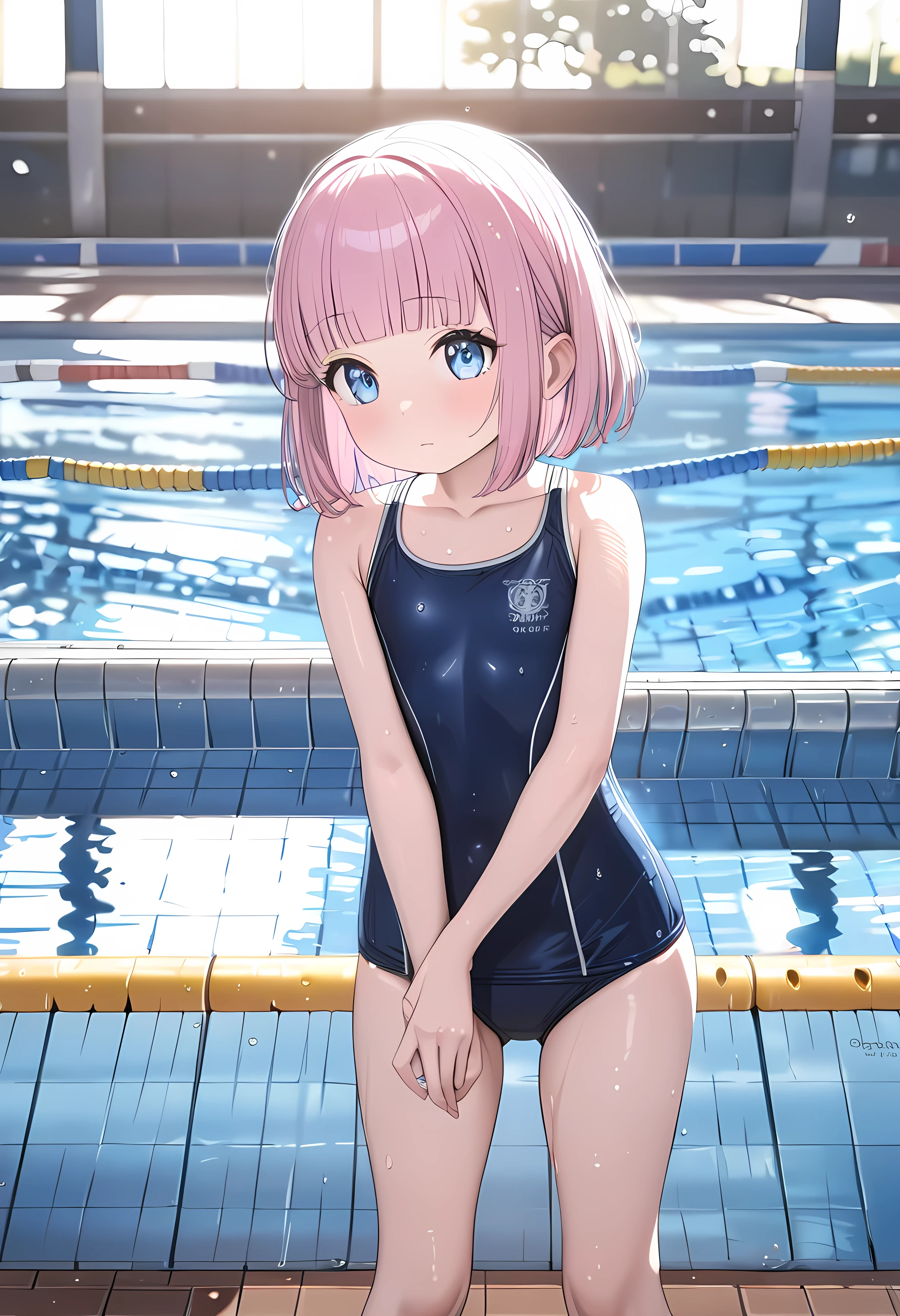 ( cute girl,li:1.4), dark blue school swimsuit,cute light blue eyes ,),( pink hair, bob hair,blunt bangs), school pool, cowboy shot,ultra-detailed,8k, best quality, masterpiece, clear, ultra high res, super detail, accurate, high details, highres icon,,Detailed face