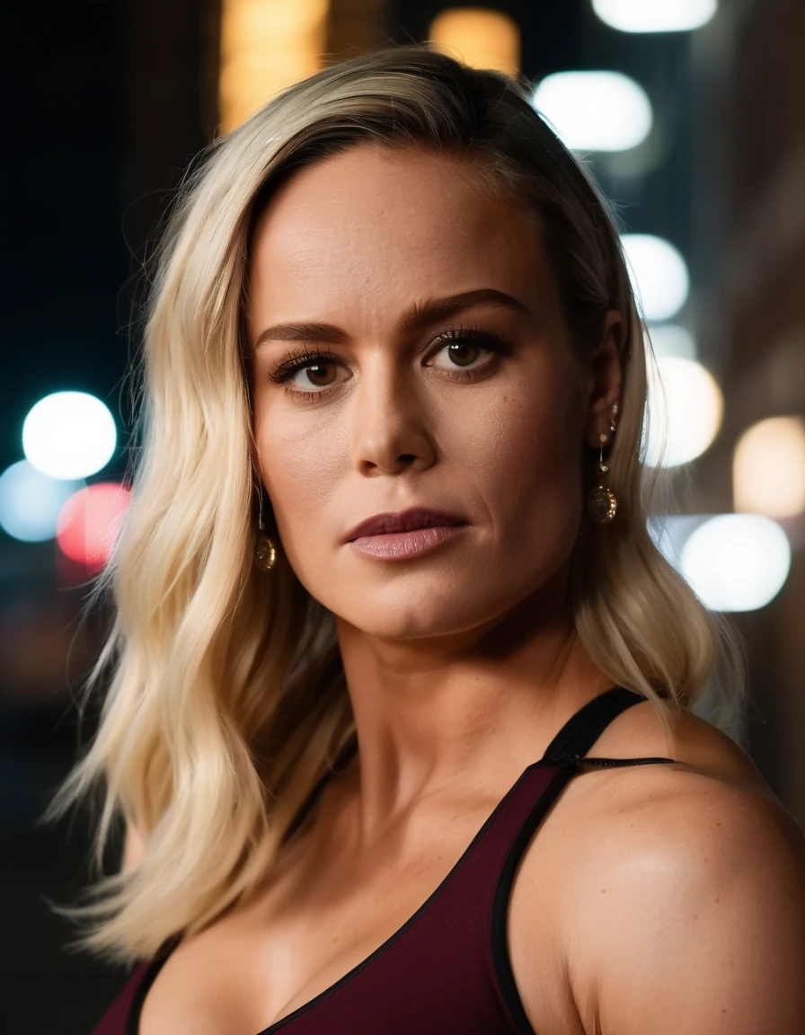 cinematic photo professional fashion close-up portrait photography of a beautiful  (((ohwx bodybuilder woman))) in the city at night, Nikon Z9, bokeh . 35mm photograph, film, bokeh, professional, 4k, highly detailed