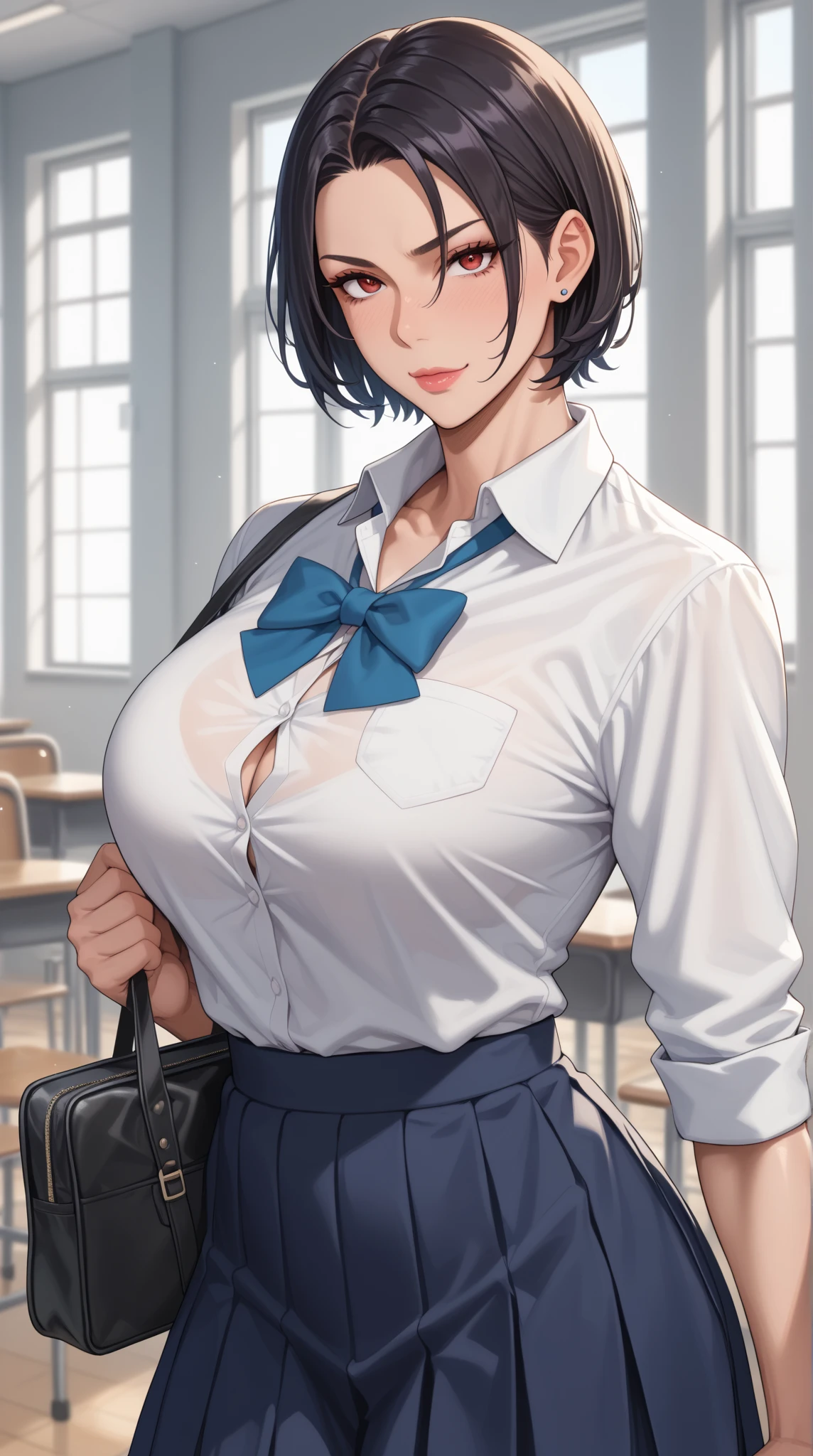 (Beautiful woman、thin), Perfect Anatomy, (OL、White short sleeve shirt、Highest、bow tie, )、(No panties),(Detailed pussy),Open shirt,View your viewers, look up、(Pussy juice)、(Embrace your chest)、20-year-old、(Highest品質)、Black Hair, short hair、 Messy Hair, (8K, High resolution)、(Embarrassing:1.4)、(blush), Mid-chest, (vapor,Sweat:1.1), Sulky face