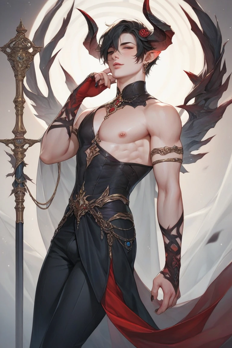 (8k,photoshotrrealista　photoshot　Maximum quality;1.4) (1 young boy) Super handsome king of the underworld　(lifelike face) 　(Short-haired red hair)　slenderbody　Muscular and macho　Black and red aristocratic costume with big red eyes　Golden decoration　Fangs peeking out of the mouth　Pointed claws　a seductive gaze　Beautiful expression　A hyper-realistic　(King of the Underworld)　appealing　(real looking skin)　super high resolution　high détail　luxurious black and red pants　Red aura emanating from the body　effect　black robe