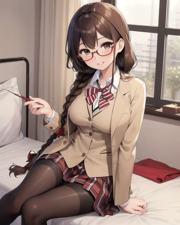 1人の女性、brown haired(Curta)、Brown eyes、Red-rimmed glasses、 Best Quality、ultra-detailliert、8K resolution、Raw photo、Attractive、gorgeous faces、Schools、Blazer Uniform、18year old