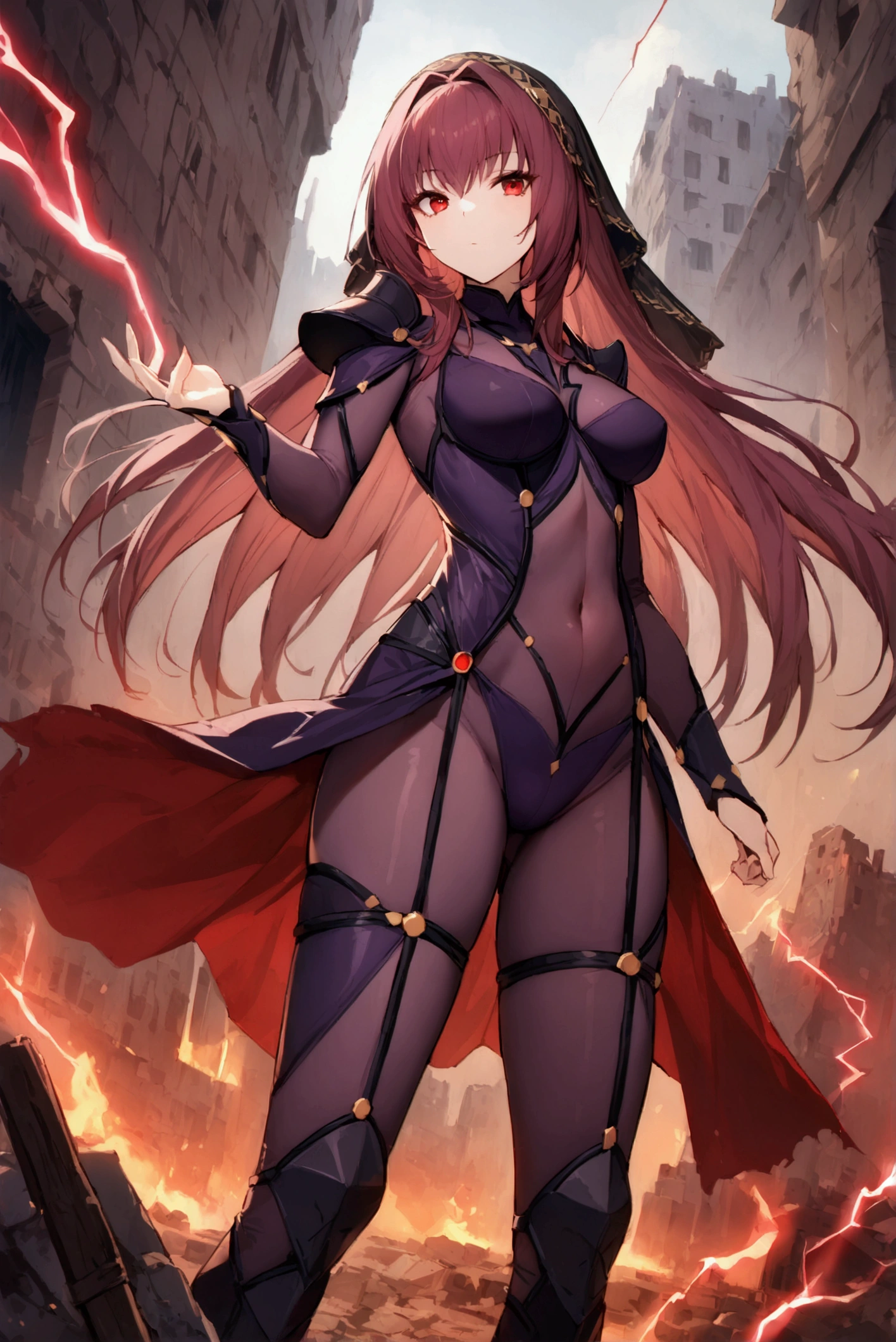 (masterpiece: 1.2), (best guality: 1.2), (ultra detailed: 1.2), 1girl, standing, (ruined building: 1.1), looking at viewer, expressionless, scathach, long hair, purple hair, red eyes, armor, bodysuit, pauldrons, purple bodysuit, shoulder armor, thighs, veil, black veil, (raise right hand: 1.2), (crackling red lightning: 1.2), red rancer