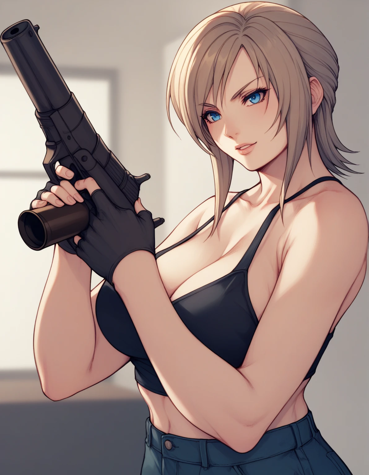 Aya Brea is 、video game characters、 She has short blond hair with side fringe at shoulder height.。 The character has blue eyes 、 She gives a sharp and focused look 。 masterpiece 、 high quality、 Highly detailed illustration 、strong lighting、COMPOSITION、Isometric 、 an adult woman 、 very large breasts、black top、tight black pants、attractive pose, holding a gun in one hand ,  and a cup of coffee in the other,  Exposed upper body 、NAKED FACE、Cale to Boca、 (8k:1.1)、