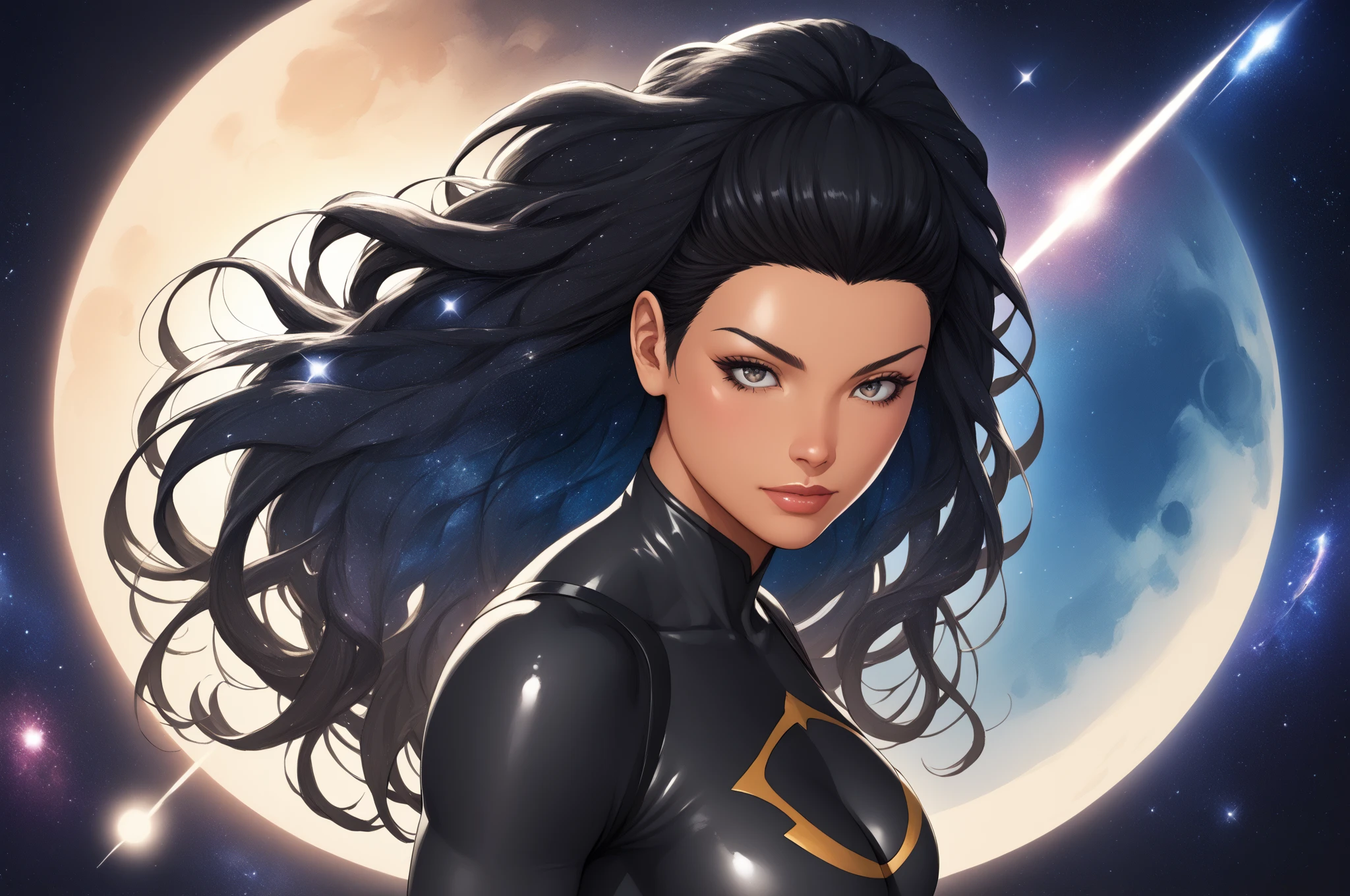 score_9, score_8_acima, score_7_acima, obra-prima, alta qualidade,  BREAK
Latina with light brown skin, long black hair, black bodysuit black sun symbol, galaxy