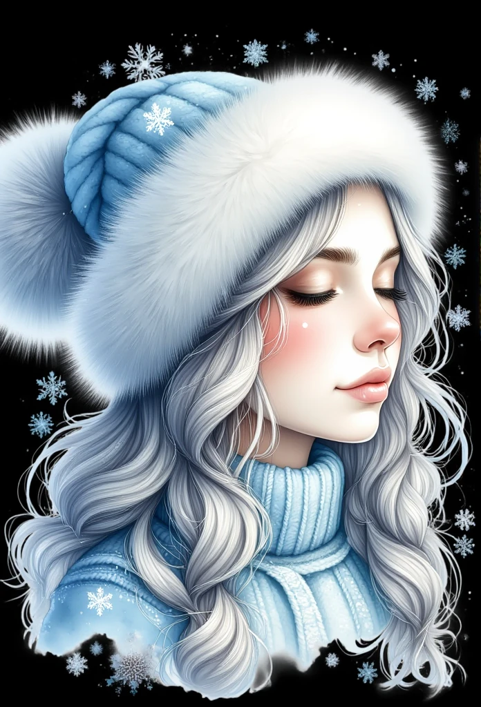 The image is a digital artwork featuring a serene, ethereal portrait of a woman. She is depicted in a wintry scene, with a soft, dreamy atmosphere. She has long, flowing, silver hair cascading down her back, styled in gentle waves. Her eyes are closed, and her face is adorned with a peaceful, almost meditative expression. Her skin has a soft, glowing quality, with a subtle blush on her cheeks.