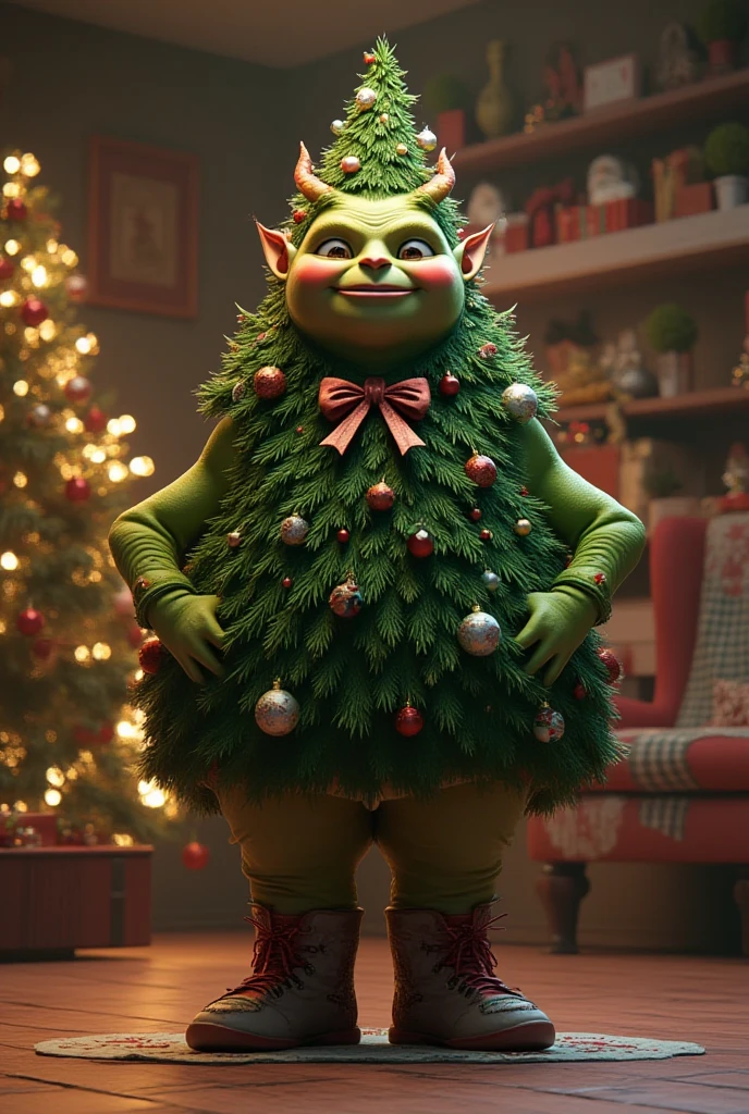 photorealistic portrait of fat chibi  green creature wearing Christmas tree costume,spirit of Christmas tree,(Art by Peter Mohrbacher:1.2),(Christmas theme),(cute),(happy smile:1.2), (elegant),(hands on hips:1.5), high quality,(lovely) ,(highly detailed Christmas tree costume:1.5),Christmas motif accessories,(Christmas tree and ornaments in background:1.5) , little horns,( boots),(Christmas atmosphere), (happy),,(full body image:1.5),(Christmas  room background:1.5), ,score_9, score_8_up, score_7_up, score_6_up, score_5_up, score_4_up,(looking at the camera:1.5)