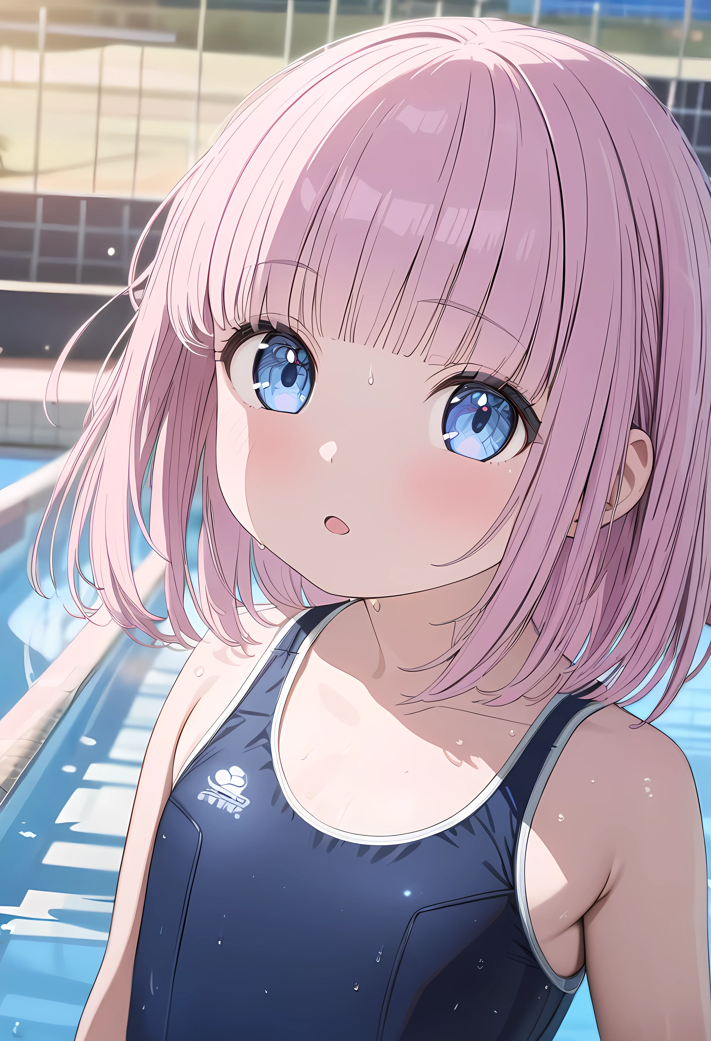 ( cute girl,li:1.4),( dark blue school swimsuit),cute light blue eyes ,),( pink hair, bob hair,blunt bangs), school pool, cowboy shot,ultra-detailed,8k, best quality, masterpiece, clear, ultra high res, super detail, accurate, high details, highres icon,,Detailed face