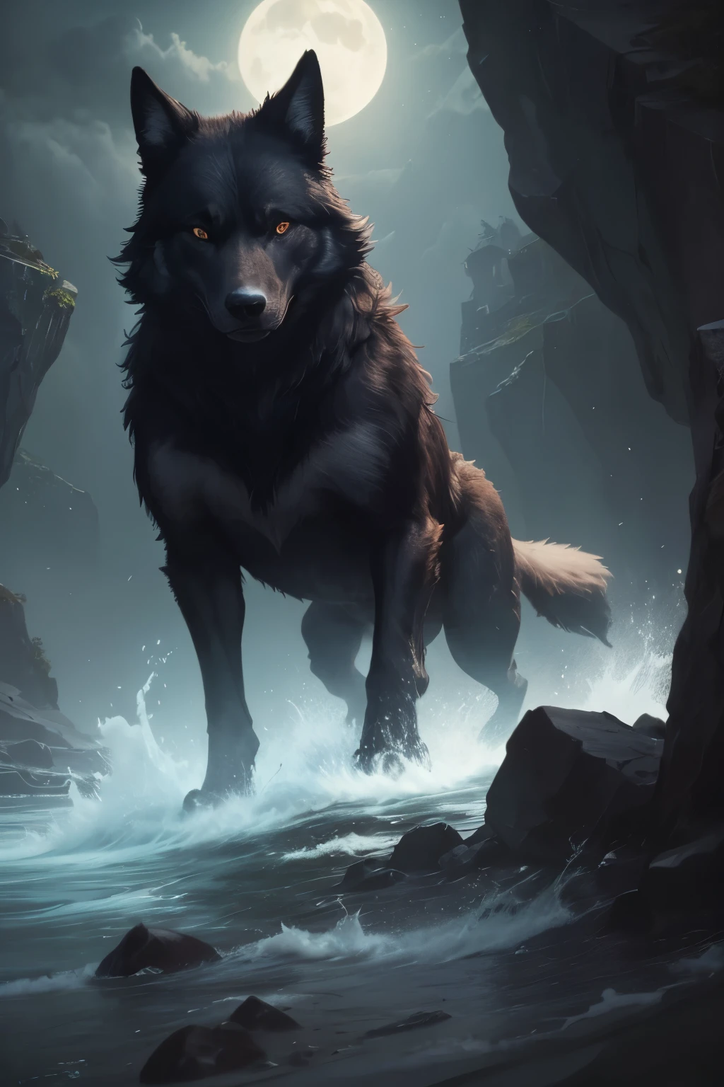 Giant black wolf on a cliff at night, bright red eyes,rosnando, 8hd,8k,splash art,forte,sombrio,fenris,red eyes, terror, horror,agressivo