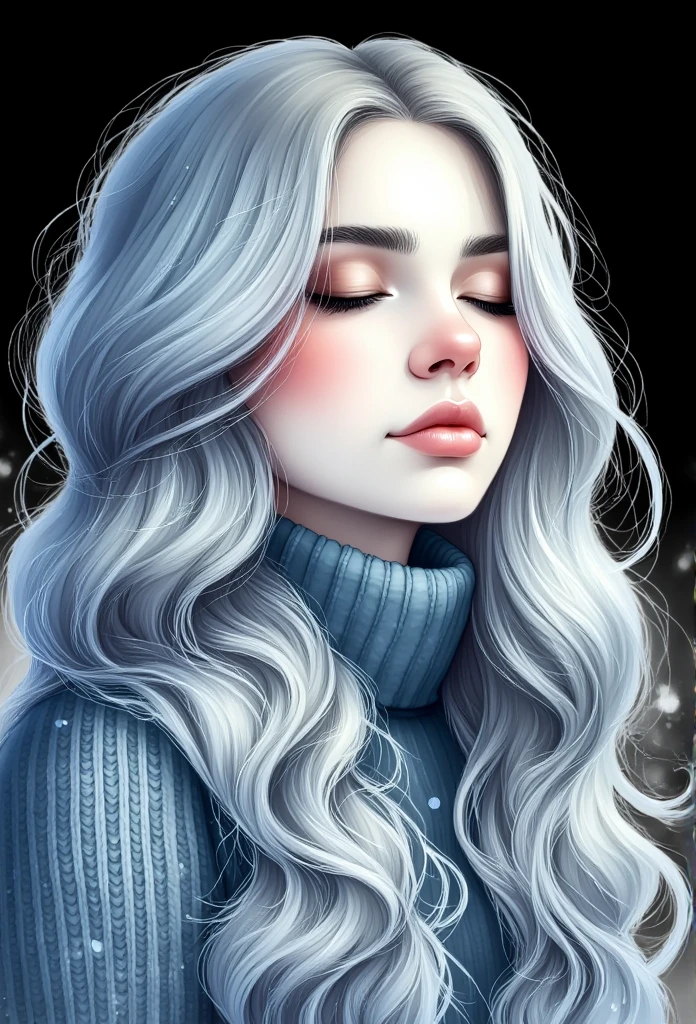 The image is a digital artwork featuring a serene, ethereal portrait of a woman. She is depicted in a wintry scene, with a soft, dreamy atmosphere. She has long, flowing, silver hair cascading down her back, styled in gentle waves. Her eyes are closed, and her face is adorned with a peaceful, almost meditative expression. Her skin has a soft, glowing quality, with a subtle blush on her cheeks.