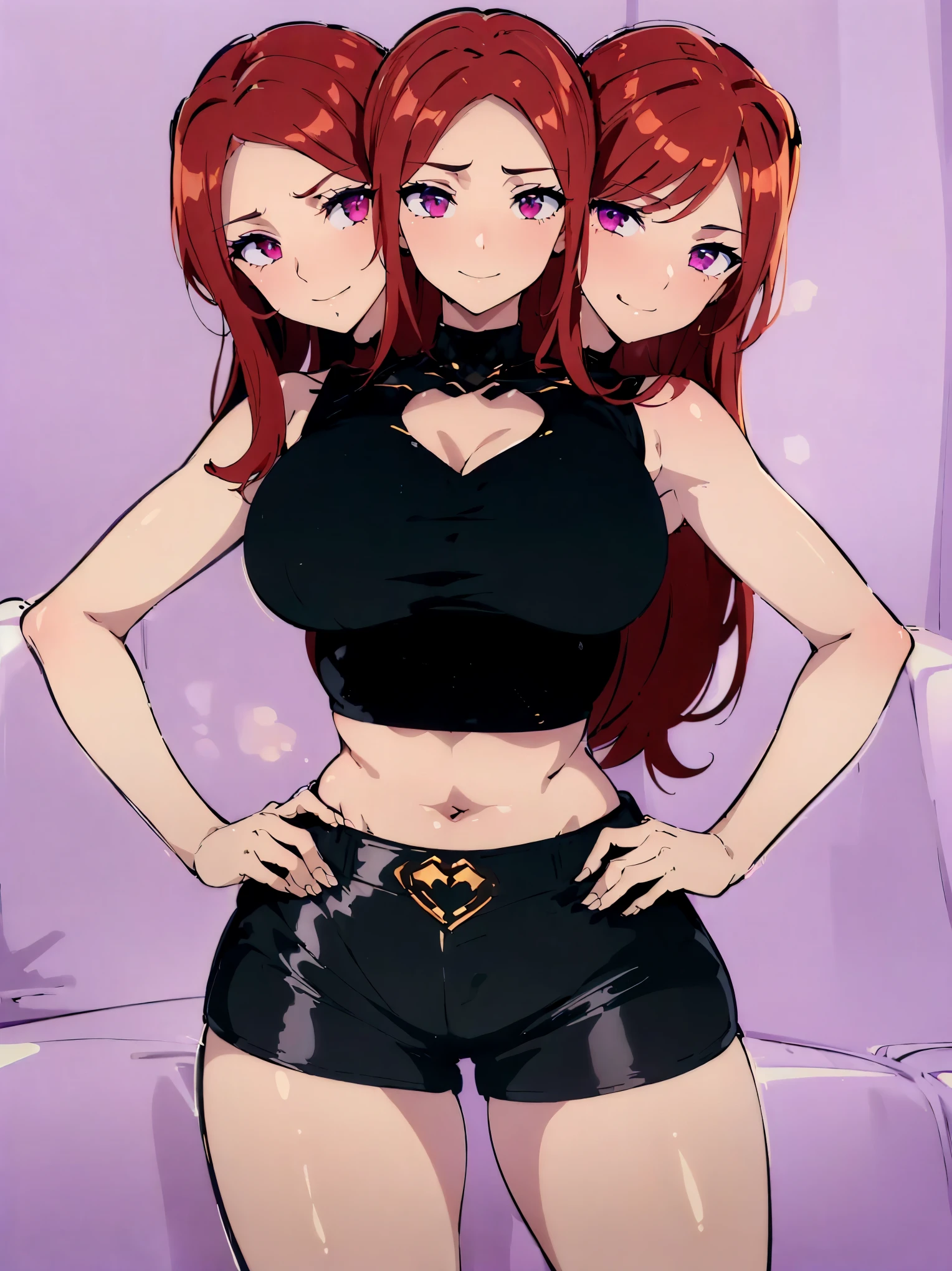 (masterpiece),(ultra-detailed), (high quality), (high resolution), best quality:1.5, UHD, 16K), best quality, masterpiece, ((3heads:1.5)), 1girl, Ultra resolution, 16k, best quality, 1girl,, (red hair), long hair, violet eyes, sleeveless high-collar crop top with a diamond-shaped cutout, midriff, (black shorts), gentle smile, blushing, ((detailed eyes)), (crop top), (sharp looking eyes), sexy woman, ((seductive silhouette)), sexy proportions, lustrous, three headed woman