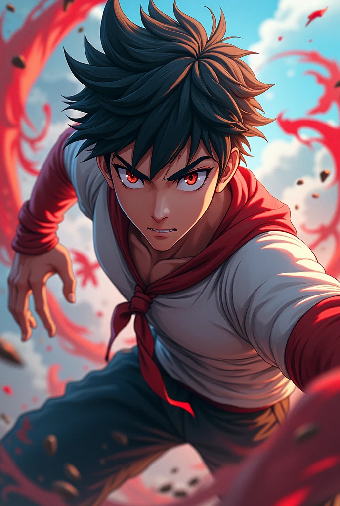 Sword art online anime art, a 19 year old young man with brown skin color, I have a smile on the corner of my face, has dark red eyes and messy gray hair, doesn't wear a shirt to show off his strong, toned body, has a bandana wrapped around his head, has cloths wrapped around his fists that are on fire.