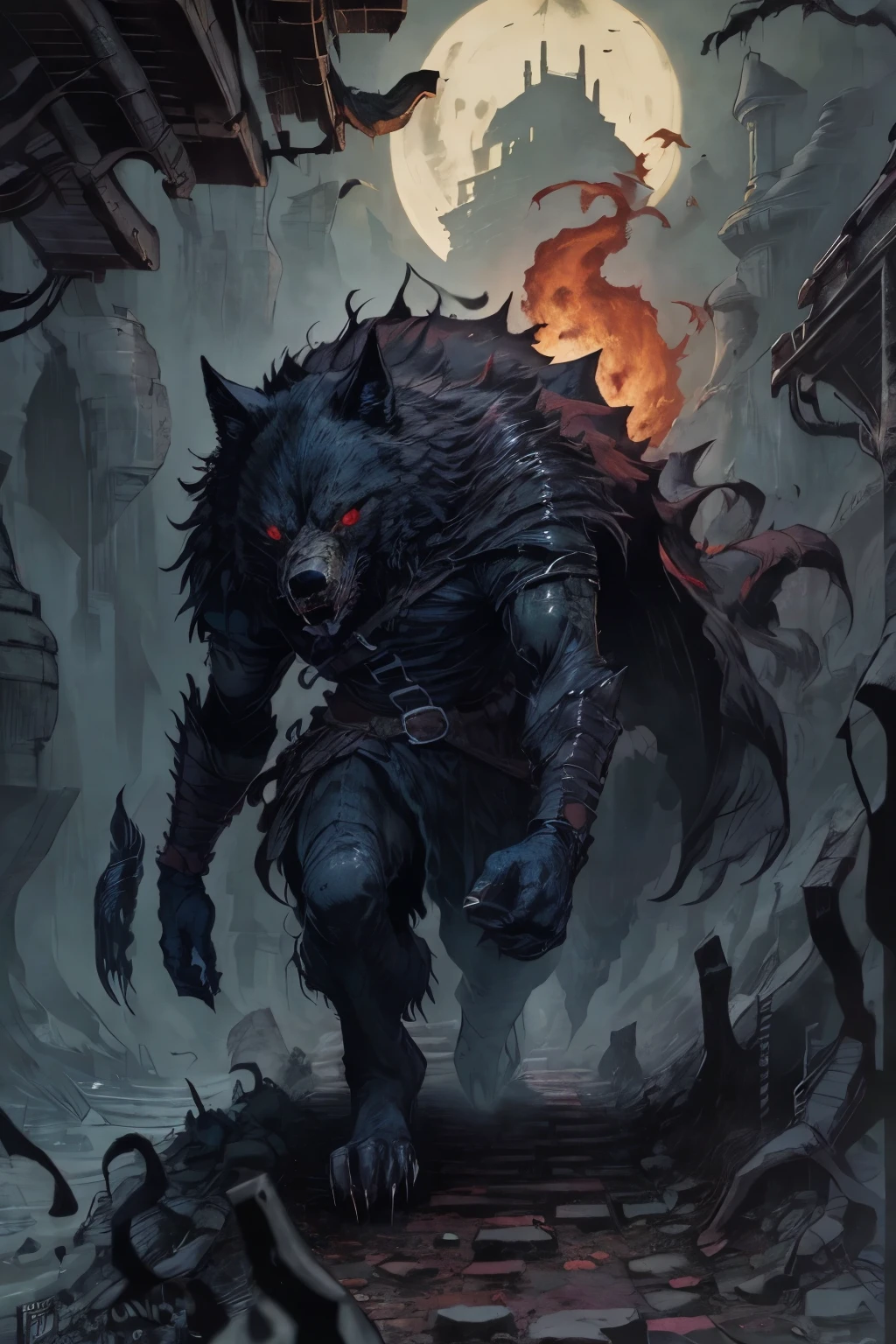 Giant black wolf on a cliff at night, bright red eyes,rosnando, 8hd,8k,splash art,forte,sombrio,fenris,red eyes, terror, horror,agressivo