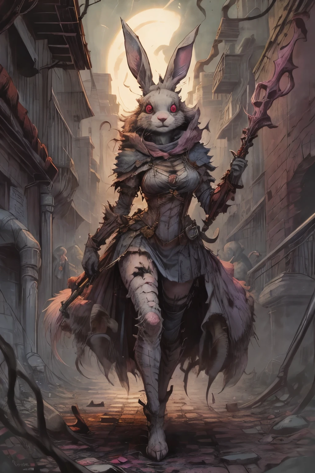 Pink bunny crazy,female, 8hd,8k,splash art,forte,sombrio,creepy smile,spiral eyes,old hospital,creepy bunny,terror,horror,furry, anthro, animal,long legs long arms