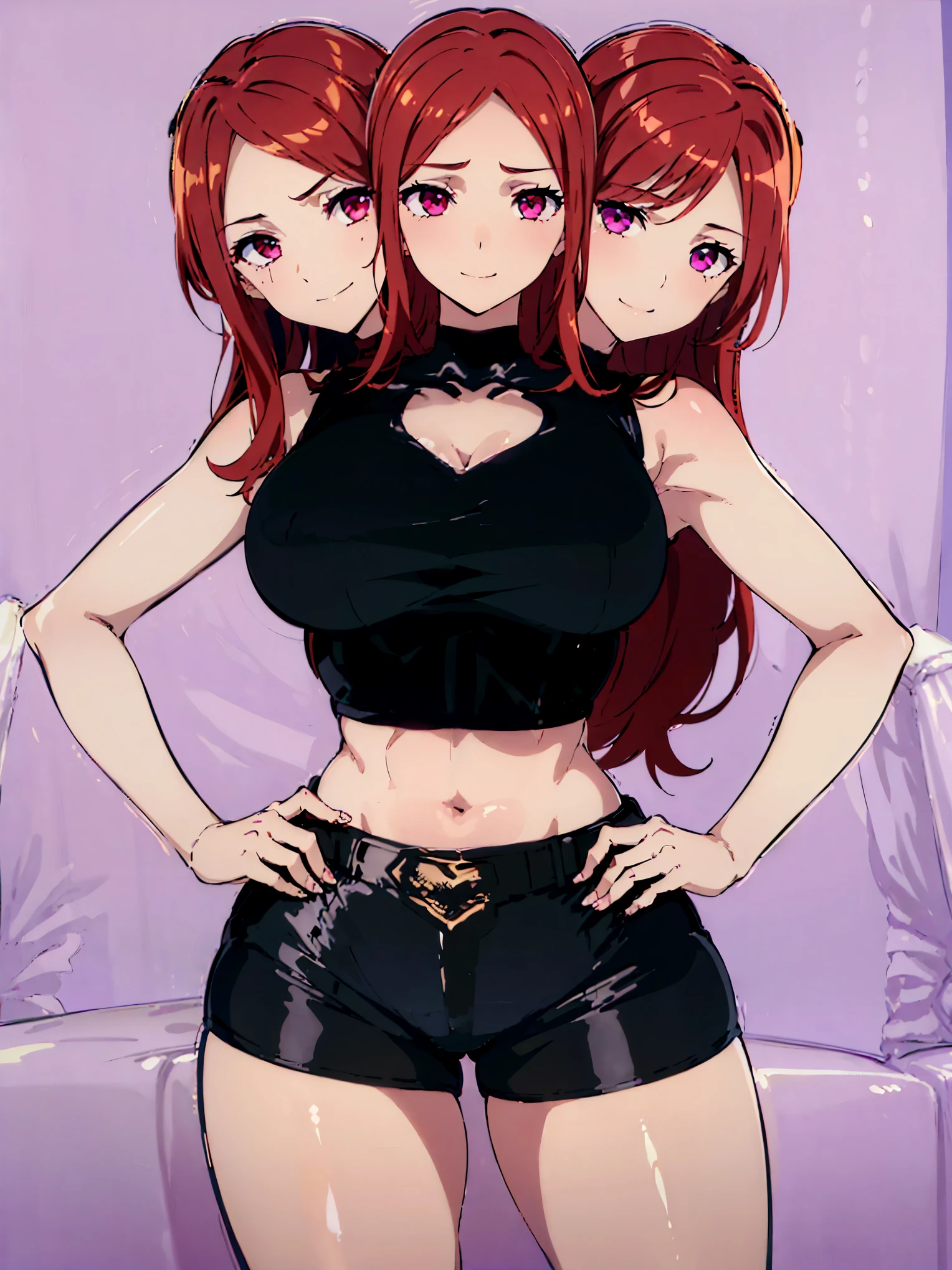 (masterpiece),(ultra-detailed), (high quality), (high resolution), best quality:1.5, UHD, 16K), best quality, masterpiece, ((3heads:1.5)), 1girl, Ultra resolution, 16k, best quality, 1girl,, (red hair), long hair, violet eyes, sleeveless high-collar crop top with a diamond-shaped cutout, midriff, (black shorts), gentle smile, blushing, ((detailed eyes)), (crop top), (sharp looking eyes), sexy woman, ((seductive silhouette)), sexy proportions, lustrous, three headed woman