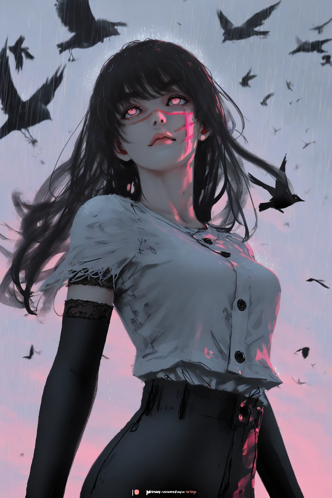 Extremely realistic looking yoru \(chainsaw man\), yoru, long hair, black hair, (((pink scar on face))), ((hot pink eyes)), ringed eyes, imense detail clothes, black_arm_garter, pants, white_shirt, looking up, upper body, by wlop, original, dynamic pose, beautiful girl, pixiv fantasia painting style, breeze, by inoitoh, by yoneyama mai, high saturation, manga painting, sketch painting, masterpiece, extreme detailed background, ((birds in sky)), dark fantasy, fantastic scene, Rain, best quality, amazing quality, very aesthetic, absurdres, mouth closed,