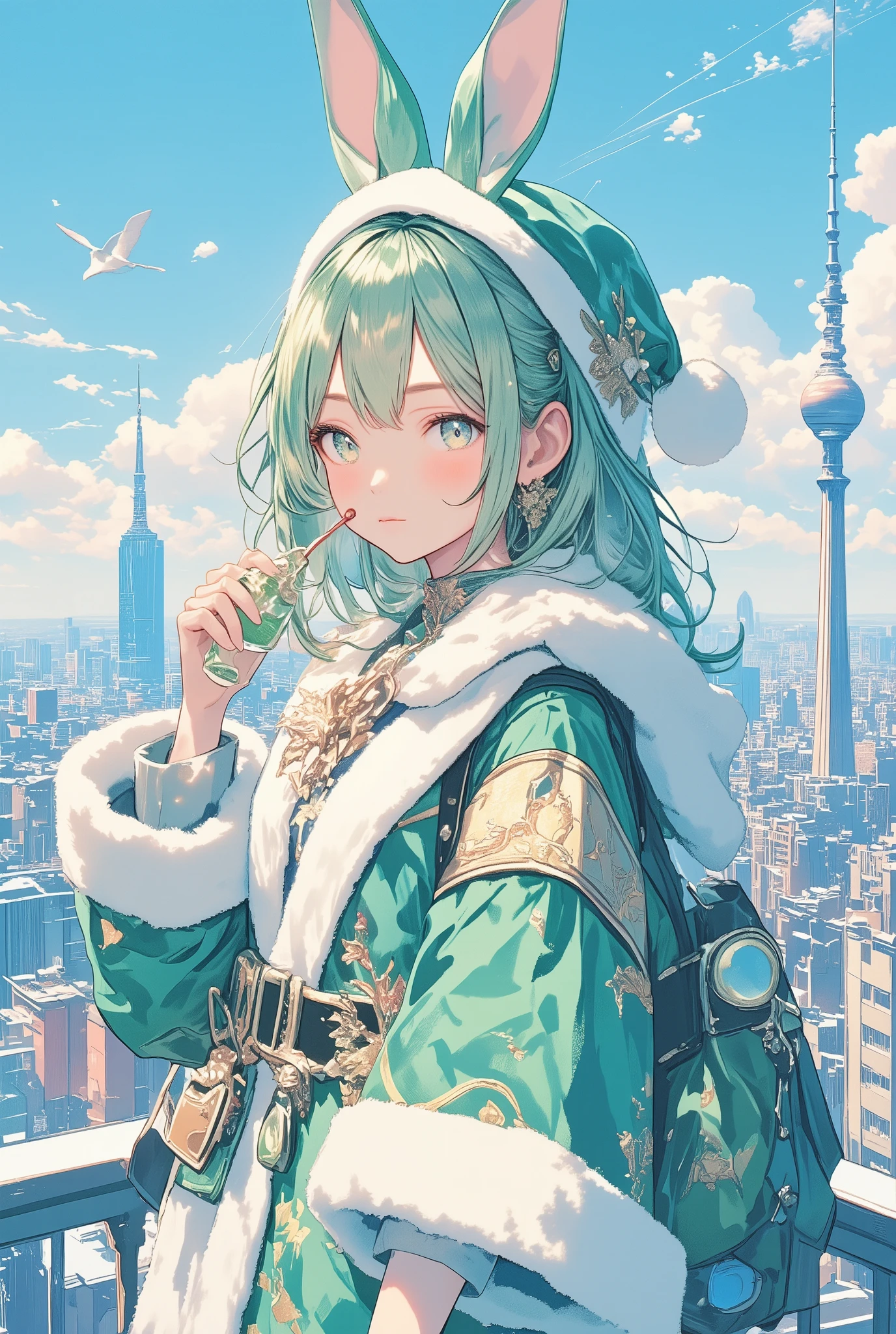 City, mezzo forte, echo, Physical, Science, architecture, Apple Pie Scent, A lady with bunny ears is dressed like Santa Claus, Aroma, ultramarine blue illustration, beautiful lady, time travel, brilliant illustration, billiard green illustration, Illustration with spray green as the main color, Vanilla scent, emerald green illustration, cute illustration, switch, swing, wisdom