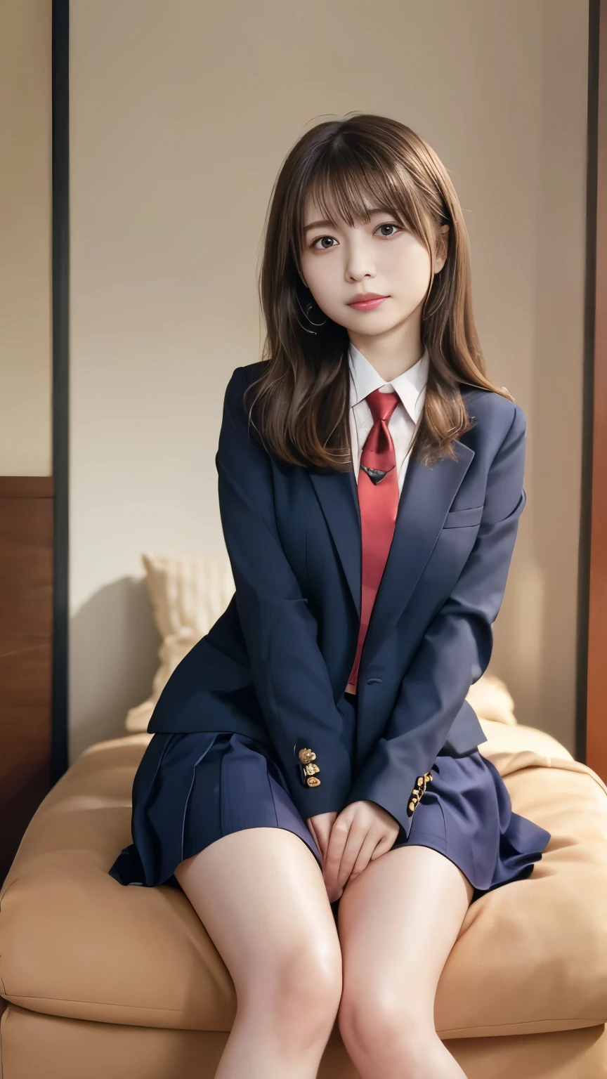 Photo Real、photoRealstic　Longhaire、Curled Hair　drooing eyes、big eye、The contours of the face are round、a small face、、a baby face、eks、cute little　hi-school giteen years old、skinny Beautiful skin、Soft thighs　Navy blue jacket、White shirt、Red tie、plaid skirts、pleatedskirt、a short skirt、校服、Japan schoolgirl uniform、Jacket without buttons　 on back、Facial expressions to enjoy、Laughing expression、Boldly lying on your back pose　Background with、a bed、Bed next to the wall、Close to the wall、Green Curtain