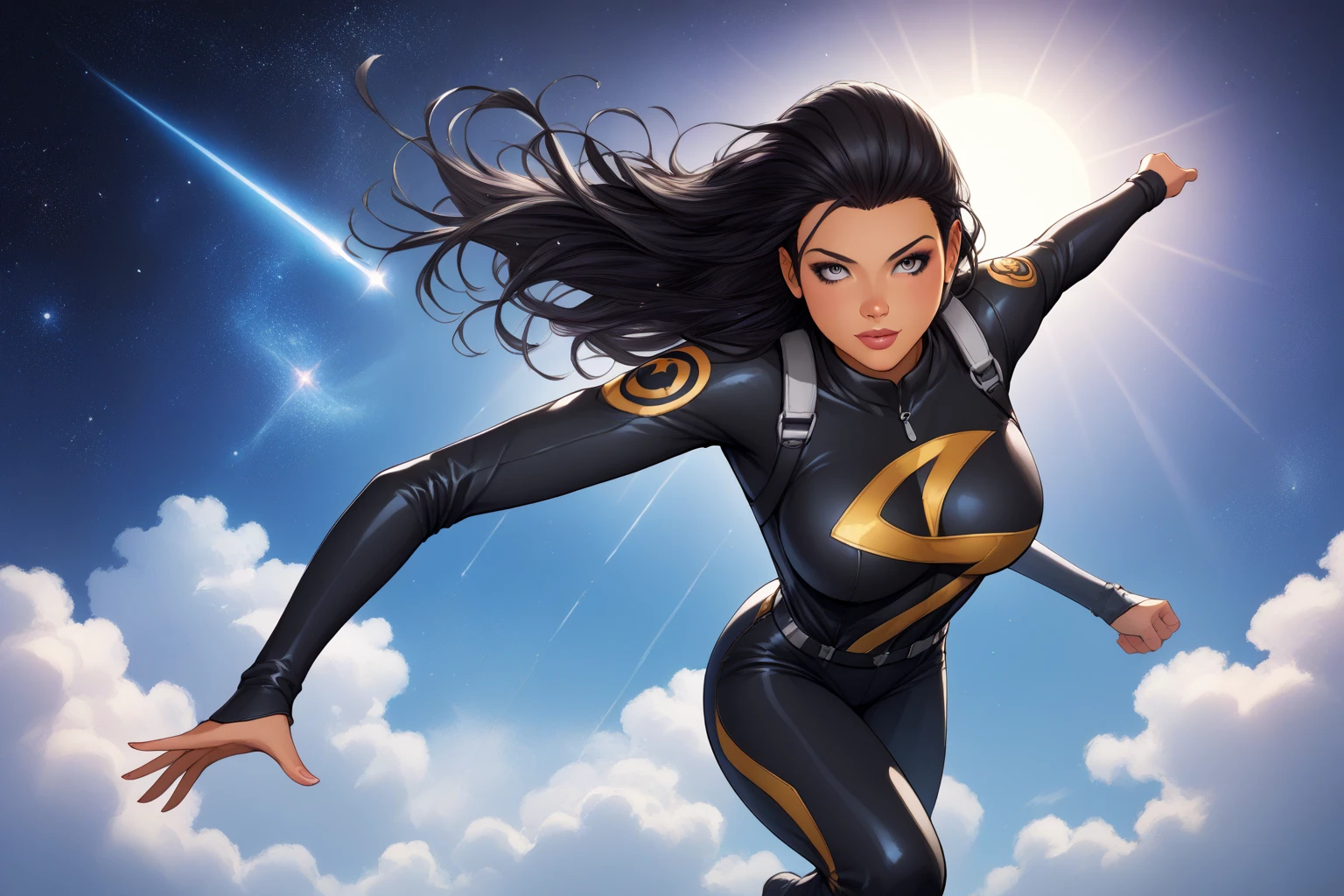 score_9, score_8_acima, score_7_acima, obra-prima, alta qualidade,  BREAK
Latina with light brown skin, long black hair, black jumpsuit black sun symbol, galaxy flying