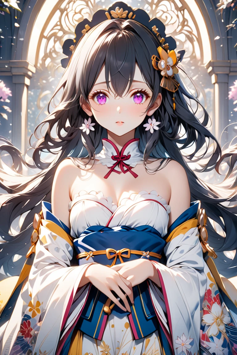 (1girl), reddish、de cor laranja、yellow、verdant、green grass、blue、A rainbow consisting of seven purple colors、The rainbow is the bridge between heaven and earth, Amaterasu stepped on a rainbow when descending from heaven, Amaterasu、Wearing a white kimono、Draw the figure of a woman with long hair。 Rainbow、Draw as a bridge between heaven and earth。 Amaterasu、Stepping on the rainbow、Coming down from top to bottom。 Rainbow、It shines in seven colors。 In the background、Draw nature such as clouds and mountains。Amaterasu、Emerging from among the clouds、Start stepping on the rainbow。Rainbow、As a bridge between heaven and earth、It shines brilliantly。Amaterasu、Stepping on the rainbow、Coming down from top to bottom。Amaterasu's white kimono is、((nude, breasts and genitals exposed, vulva and clitoris exposed)),In harmony with the seven colors of the rainbow。In the background、Nature such as clouds and mountains are depicted.、It is as if we are blessing the advent of Amaterasu.。(upper body:1.3), (rainbow aura background:1.5), rainbow sky.