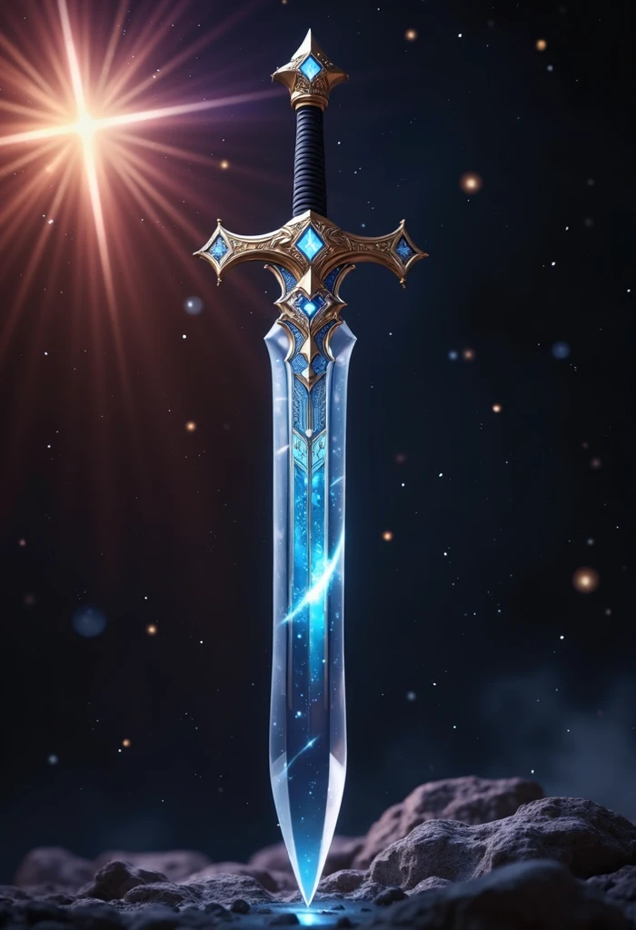 ((( Ultra-detailed remake ,  photorealistic , Sword of the Cosmos ,  brilliant like diamond ,  translucent and obscure ,  keeping the details of the stars and the darkness of the cosmos, Full HD,  divine radiance :2))