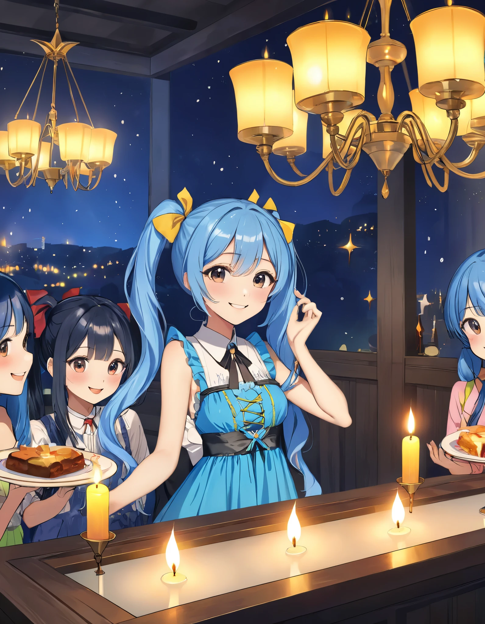   long light blue hair  、 Beautiful Girl with Twin Tails   、 colorful dress 、Bright candle party venue 、 chandelier、 I am smiling around the candles with lots of friends、 Delicious Meals 、Playing music